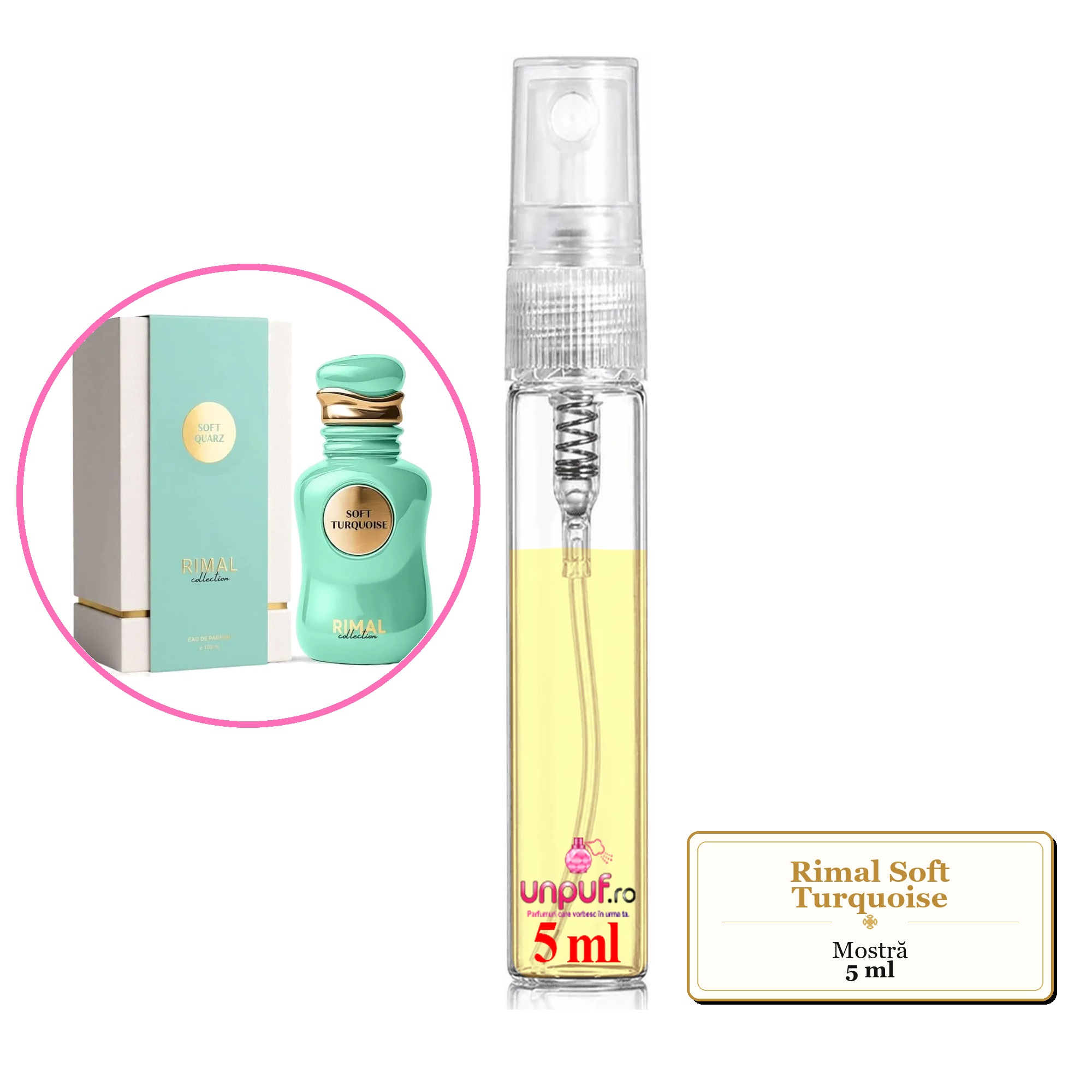 Mostra fiola din Parfumul Rimal Soft Turquoise, decant sticla cu pulverizator