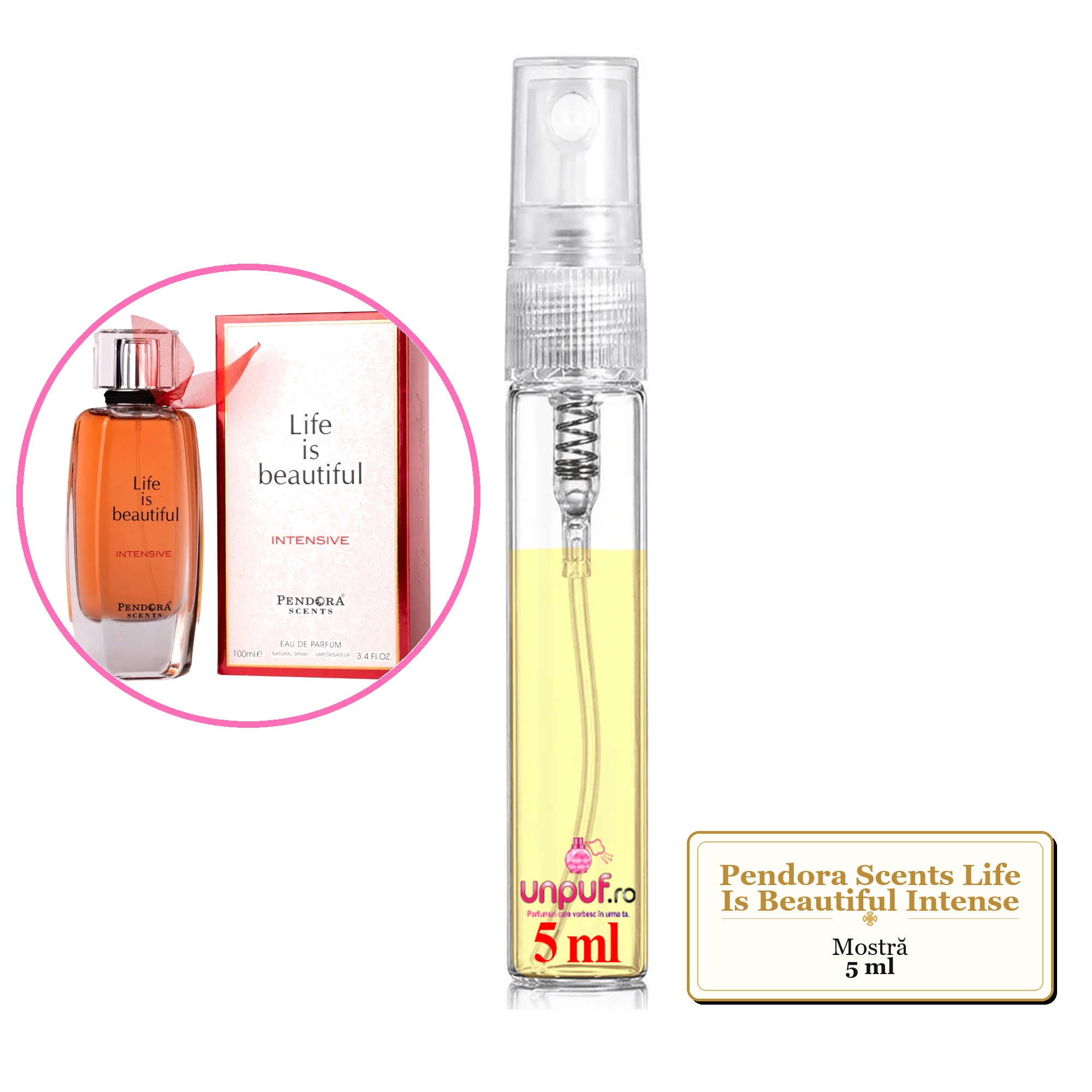 Mostra fiola din Parfumul Pendora Scents Life Is Beautiful Intense, decant sticla cu pulverizator