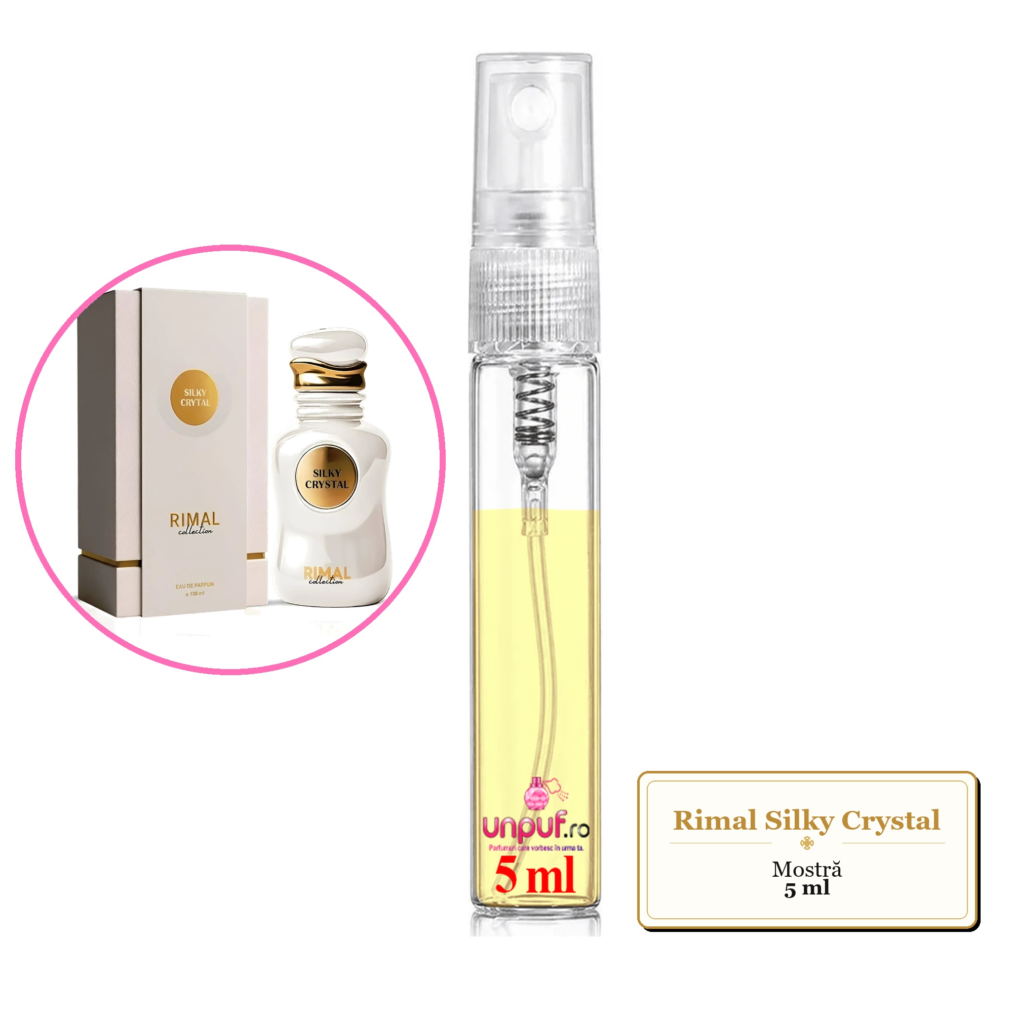 Mostra fiola din Parfumul Rimal Silky Crystal, decant sticla cu pulverizator