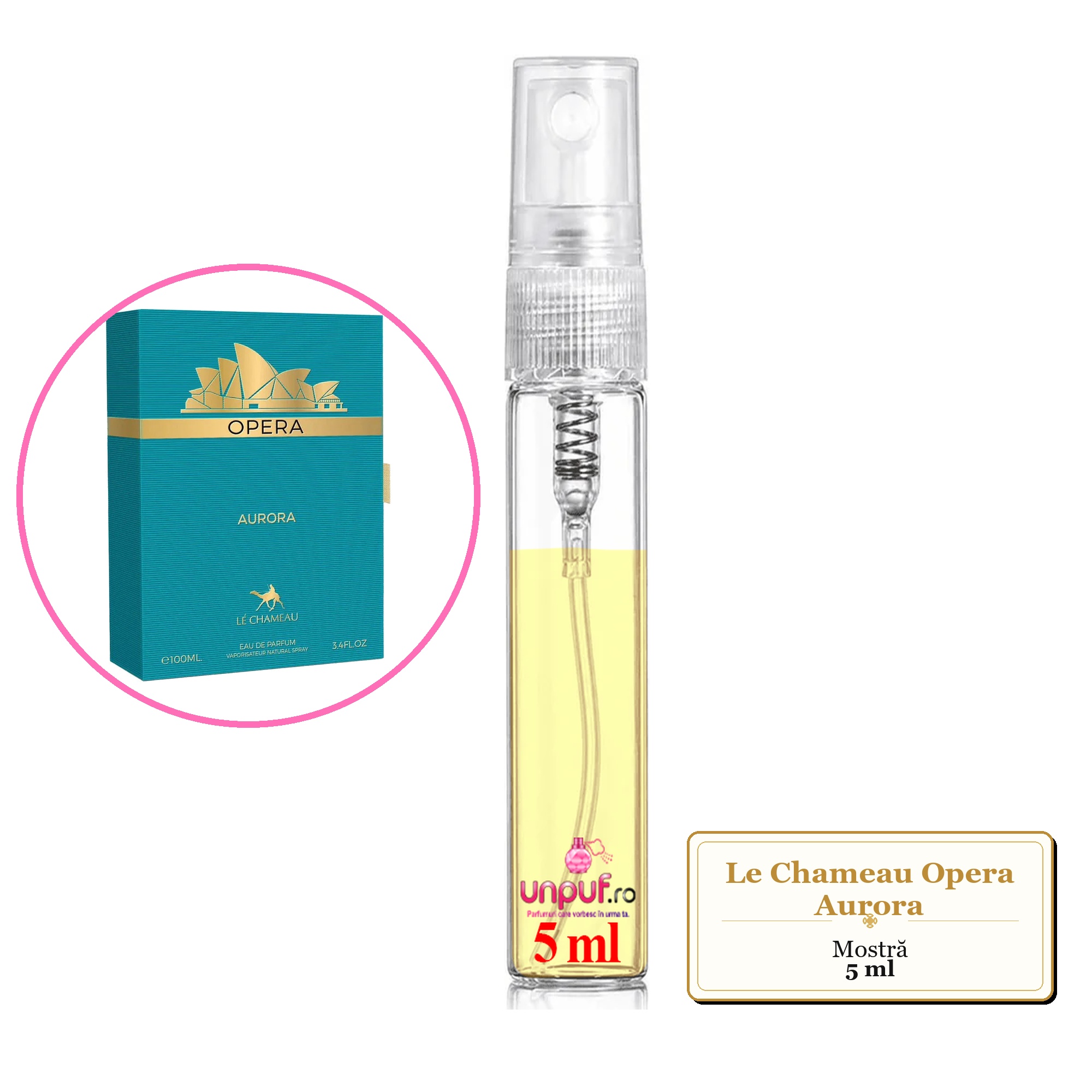 Mostra fiola din Parfumul Le Chameau Opera Aurora, decant sticla cu pulverizator