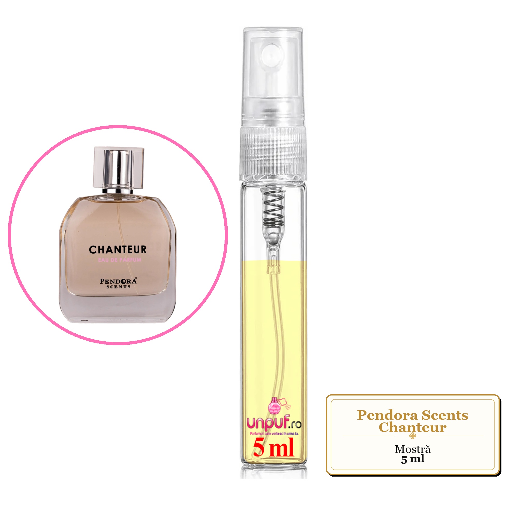 Mostra fiola din Parfumul Pendora Scents Chanteur, decant sticla cu pulverizator