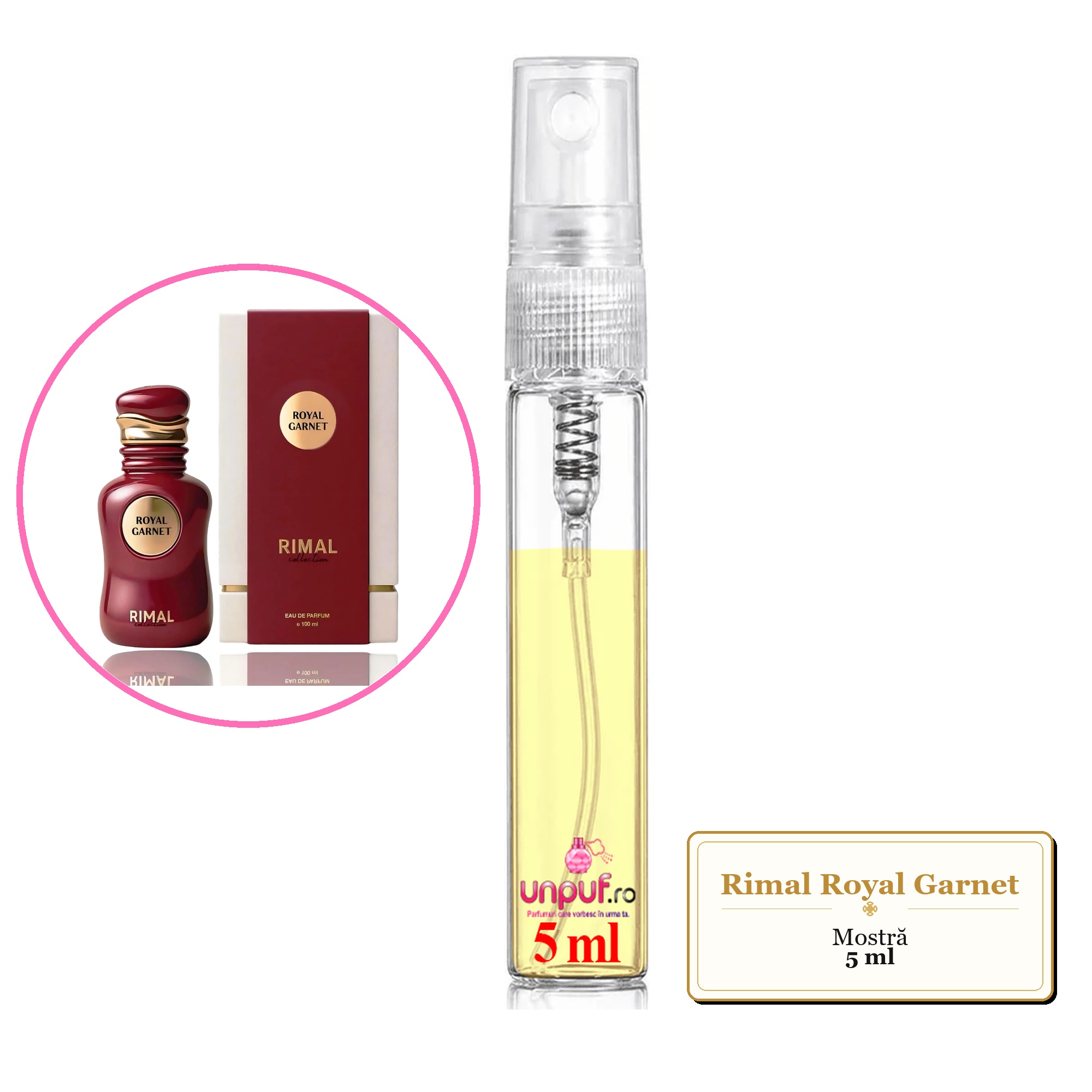 Mostra fiola din Parfumul Rimal Royal Garnet, decant sticla cu pulverizator 