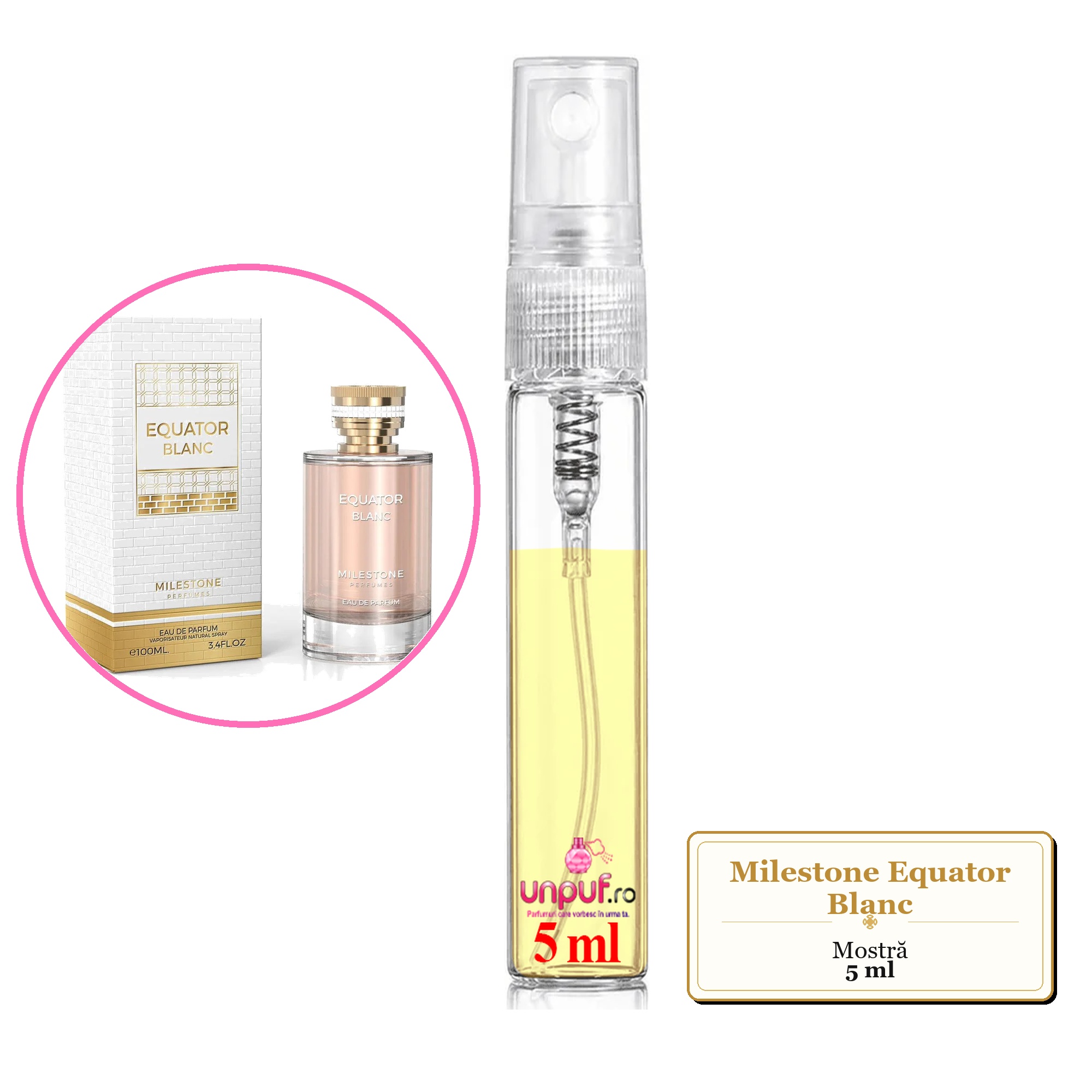 Mostra fiola din Parfumul Milestone Equator Blanc, decant sticla cu pulverizator 