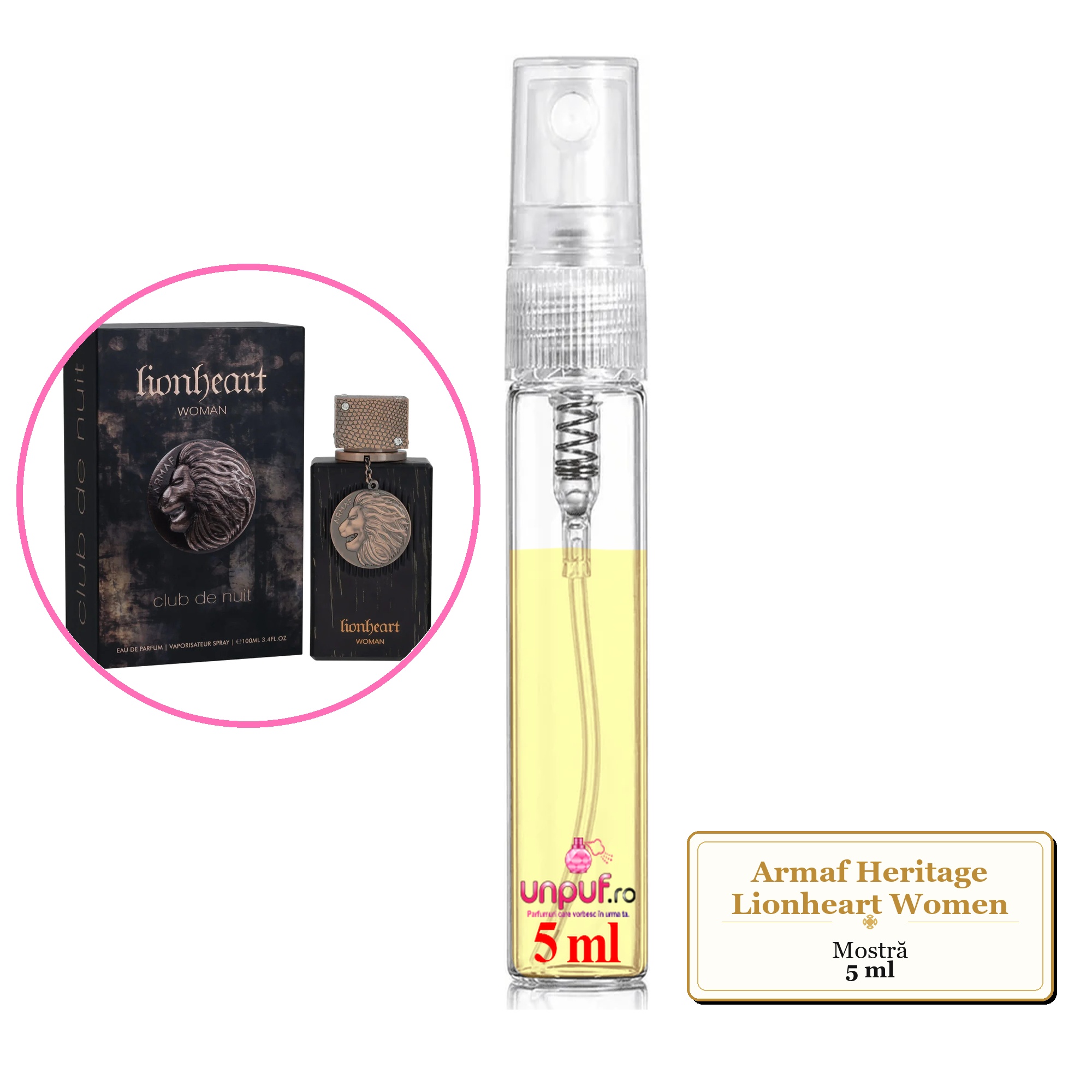 Mostra fiola din Parfumul Armaf Heritage Lionheart Women, decant sticla cu pulverizator 