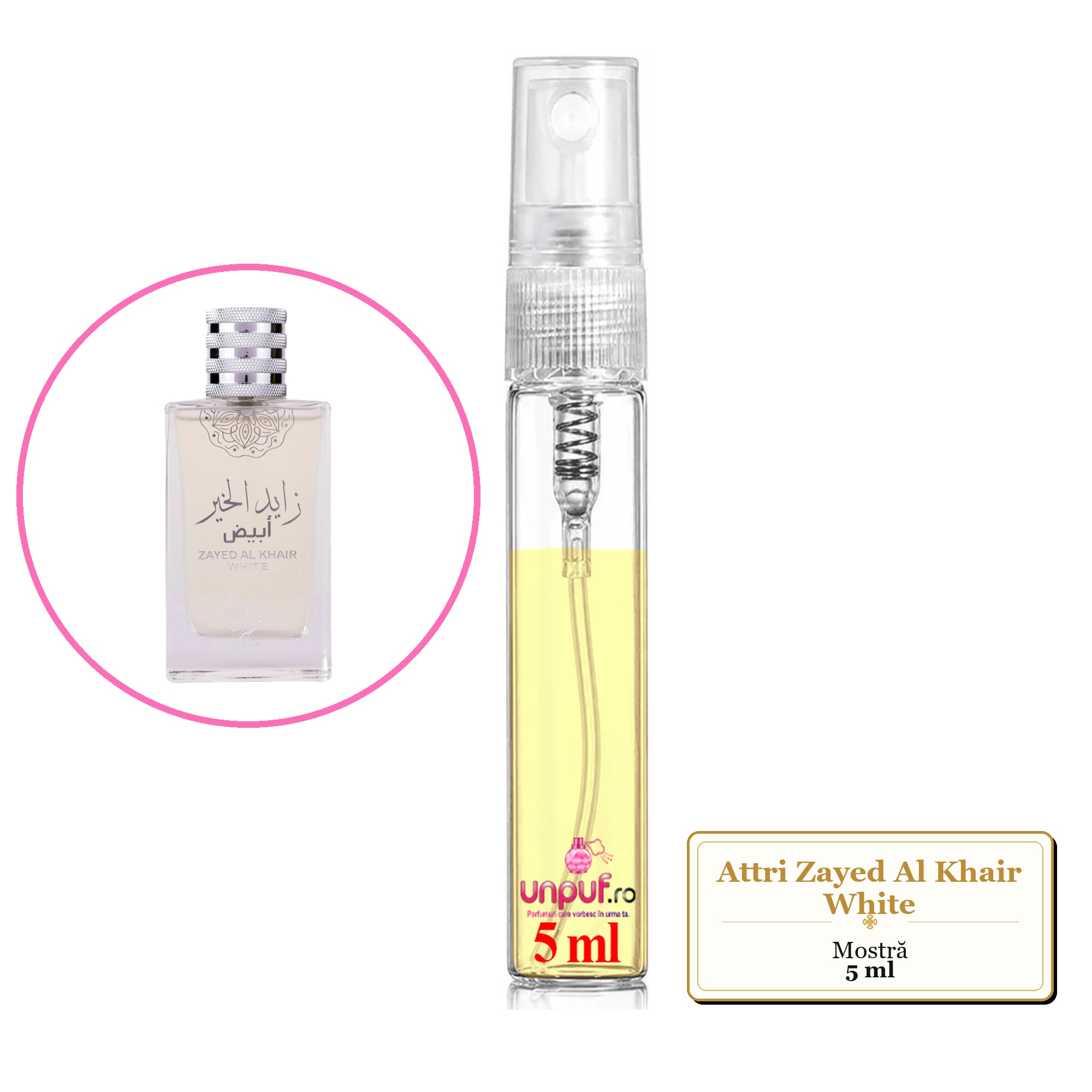 Mostra fiola din Parfumul Attri Zayed Al Khair White, decant sticla cu pulverizator