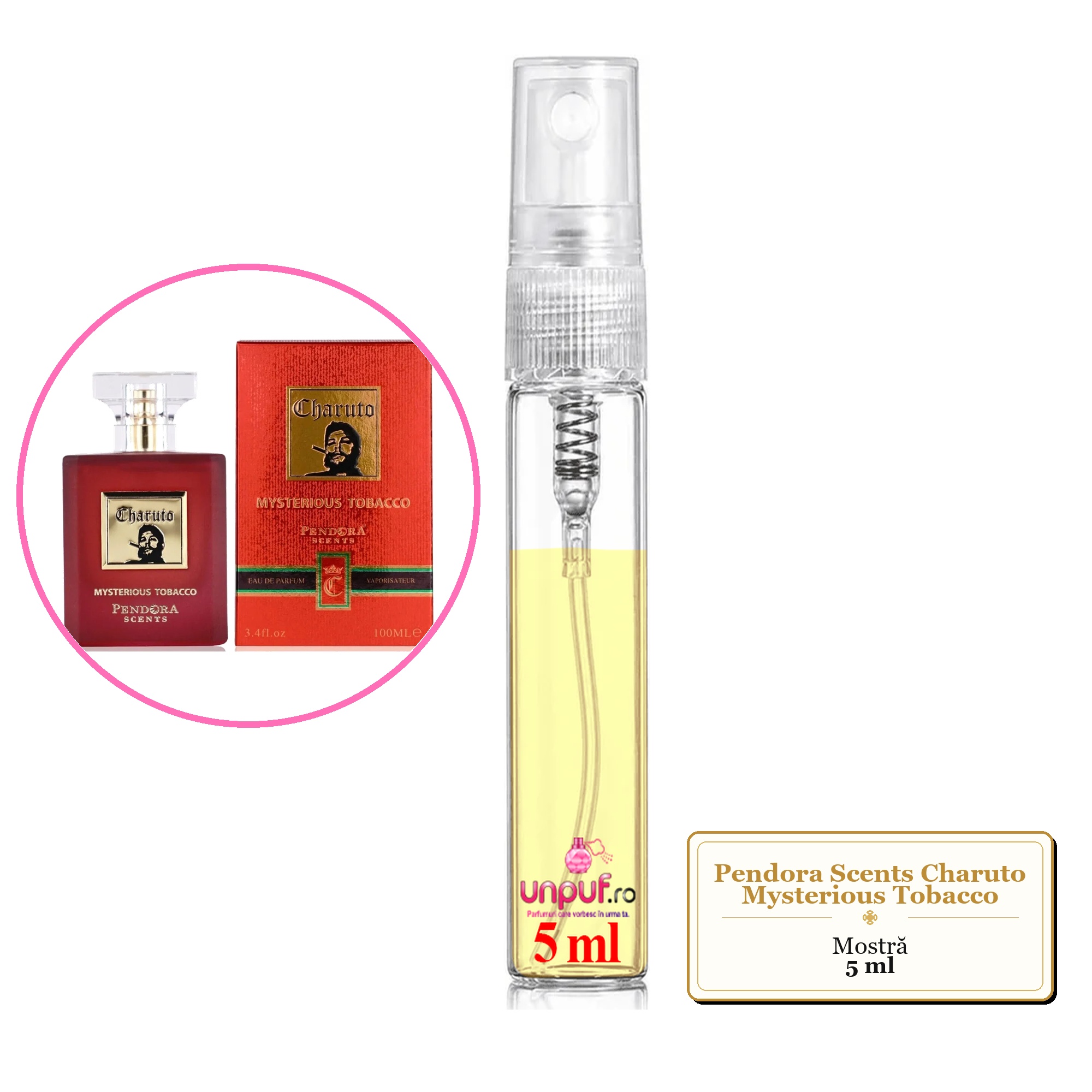 Mostra fiola din Parfumul Pendora Scents Charuto Mysterious Tobacco, decant sticla cu pulverizator
