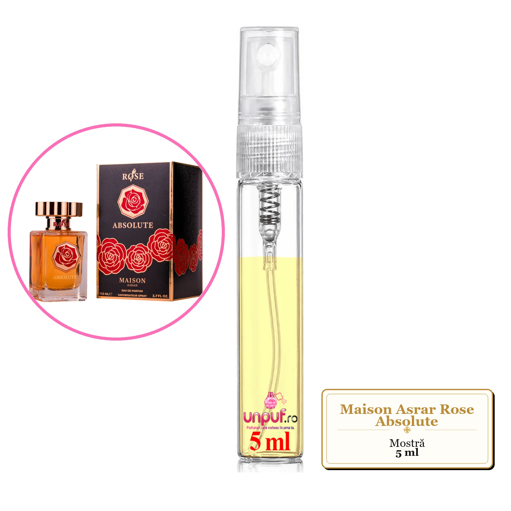 Mostra fiola din Parfumul Maison Asrar Rose Absolute, decant sticla cu pulverizator