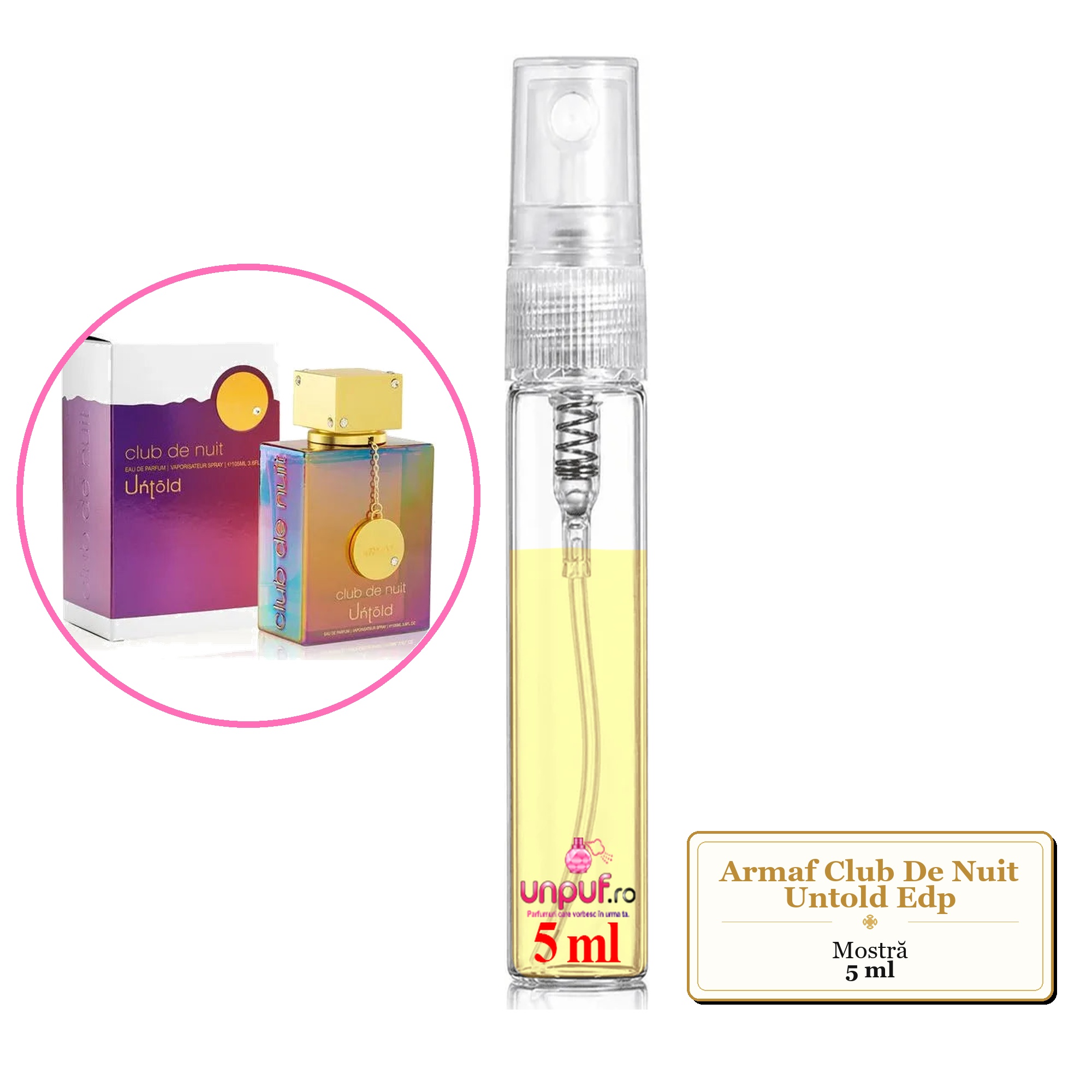 Mostra fiola din Parfumul Armaf Club De Nuit Untold Edp, decant sticla cu pulverizator