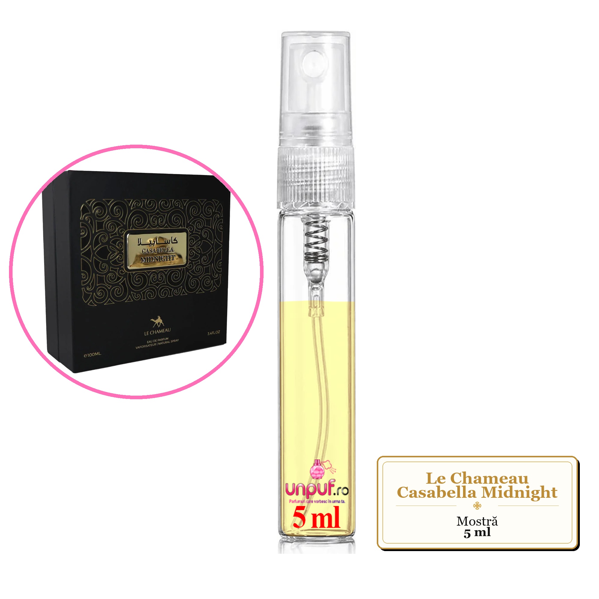 Mostra fiola din Parfumul Le Chameau Casabella Midnight, decant sticla cu pulverizator