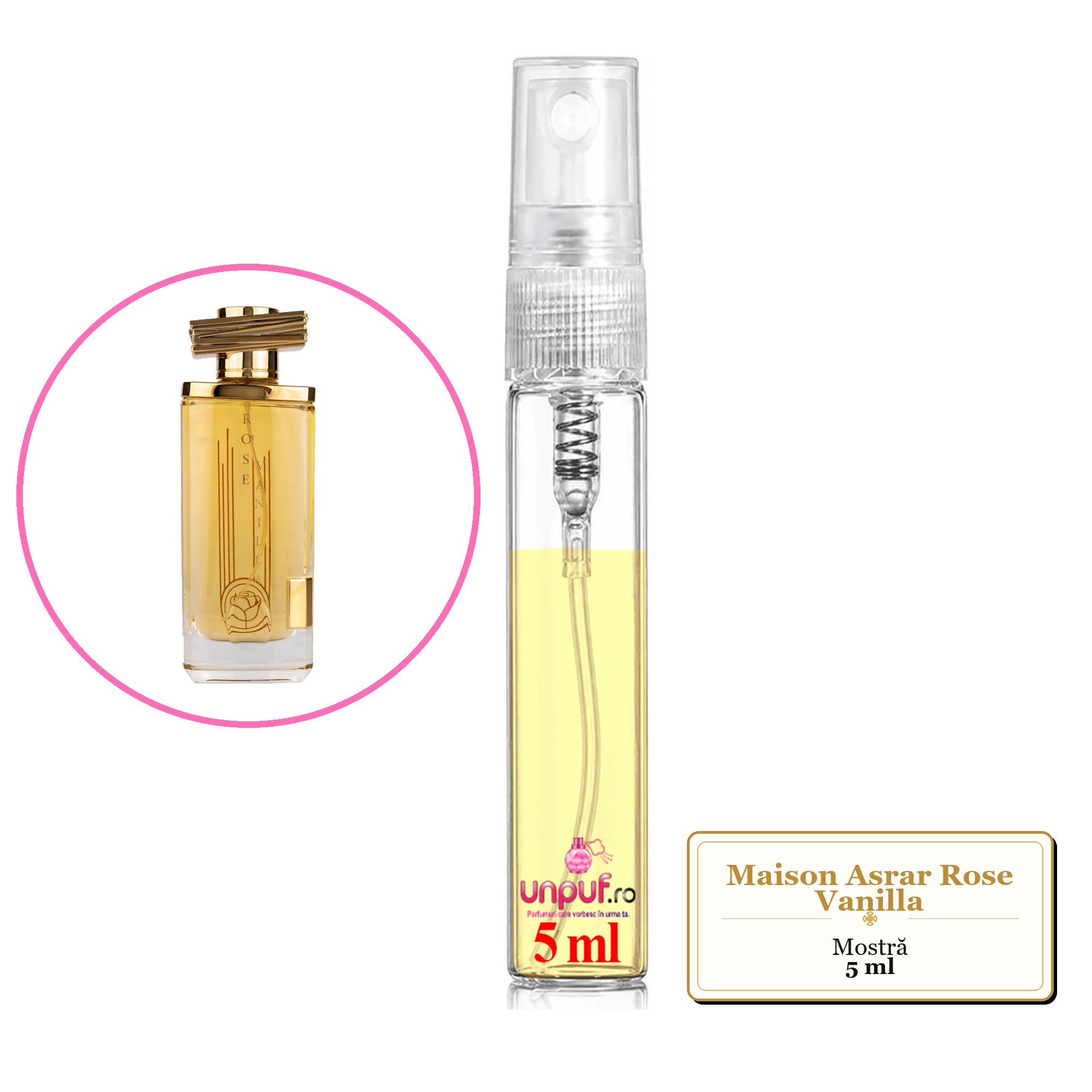 Mostra fiola din Parfumul Maison Asrar Rose Vanilla, decant sticla cu pulverizator