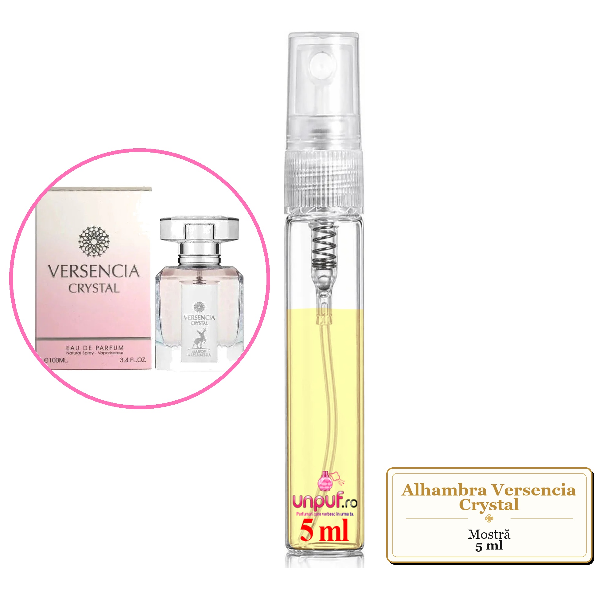 Mostra fiola din Parfumul Alhambra Versencia Crystal, decant sticla cu pulverizator