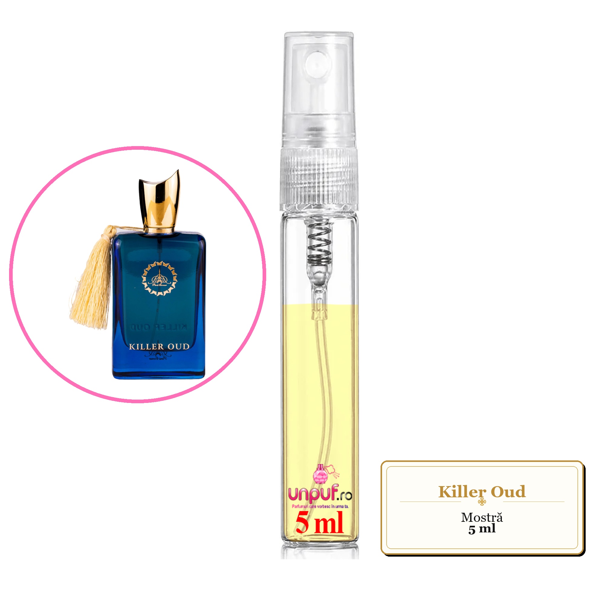 Mostra fiola din Parfumul Killer Oud, decant sticla cu pulverizator