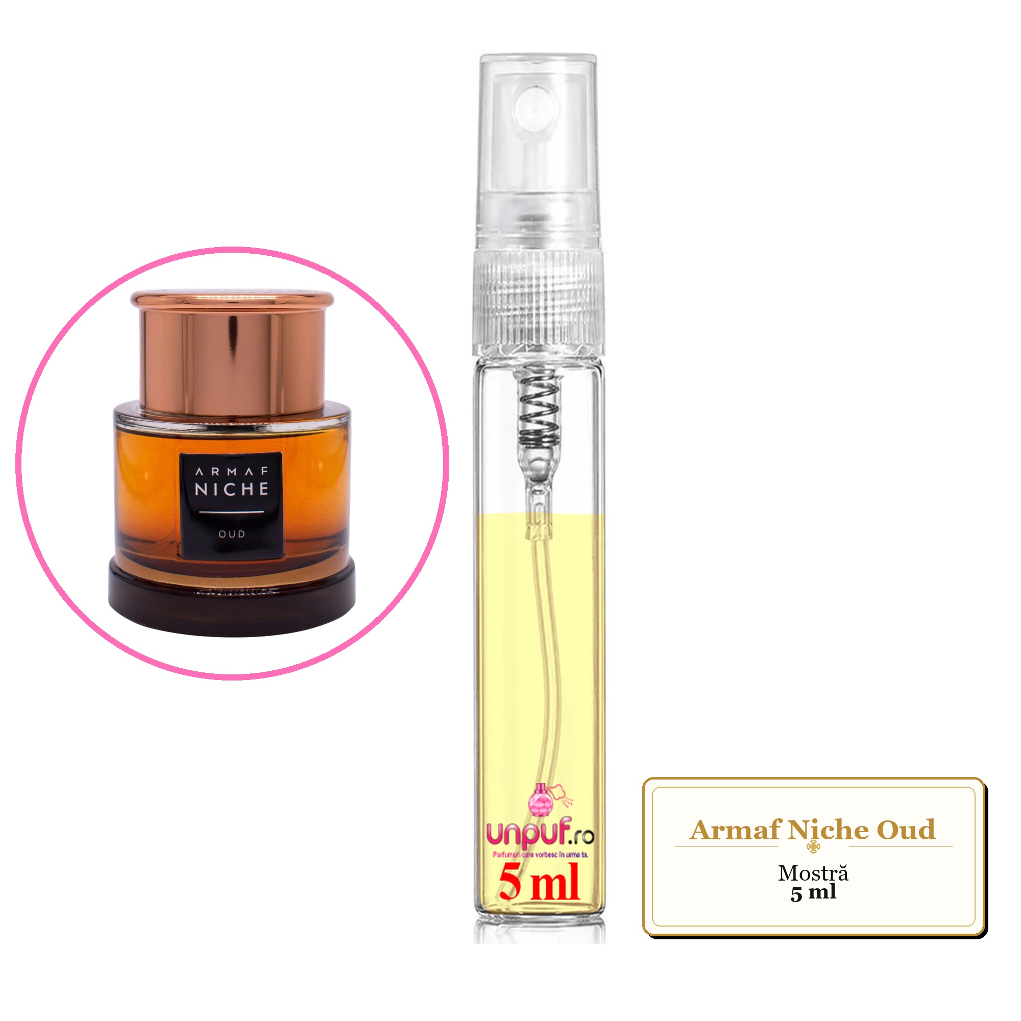 Mostra fiola din Parfumul Armaf Niche Oud, decant sticla cu pulverizator