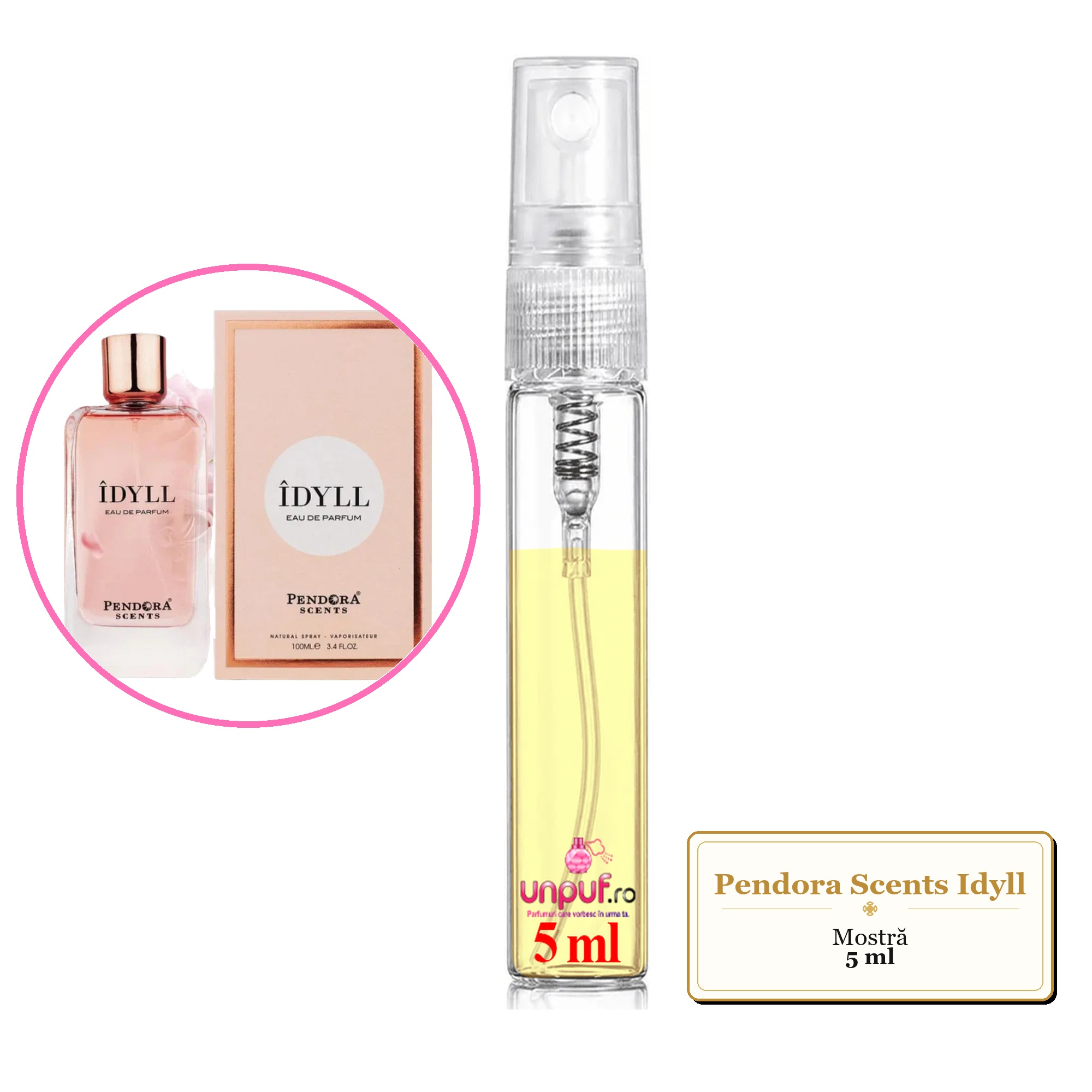 Mostra fiola din Parfumul Pendora Scents Idyll, decant sticla cu pulverizator