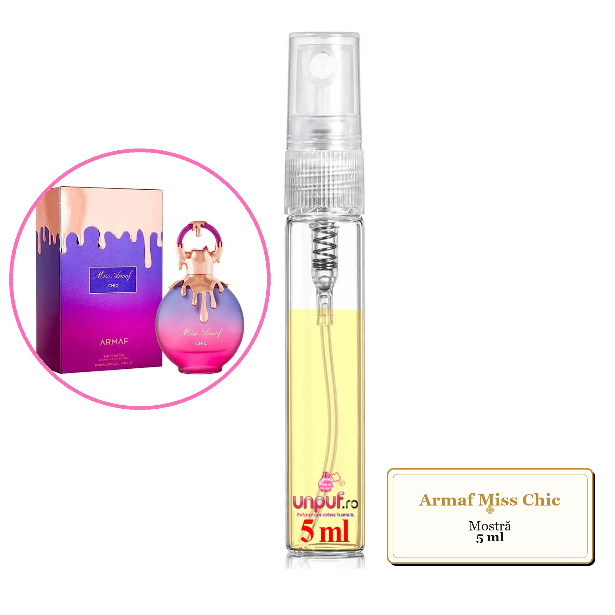 Mostra fiola din Parfumul Armaf Miss Chic, decant sticla cu pulverizator