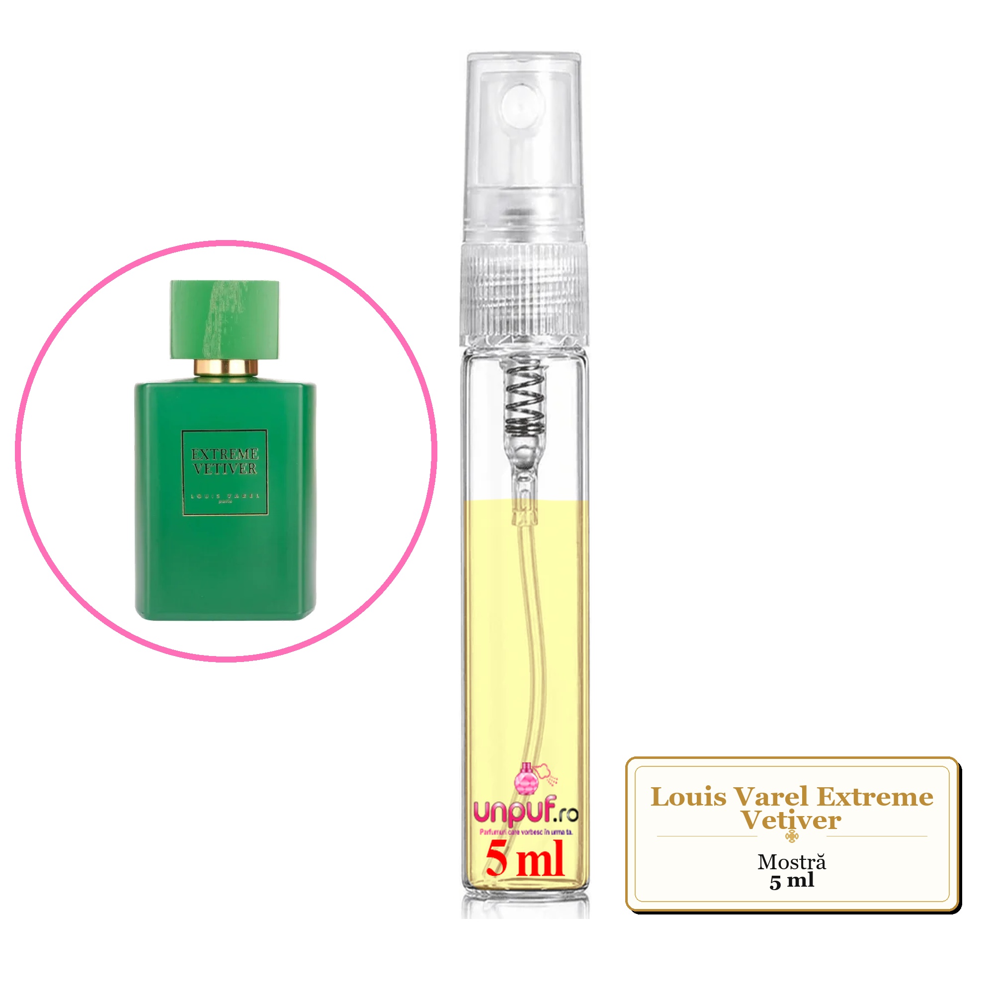 Mostra fiola din Parfumul Louis Varel Extreme Vetiver, decant sticla cu pulverizator 