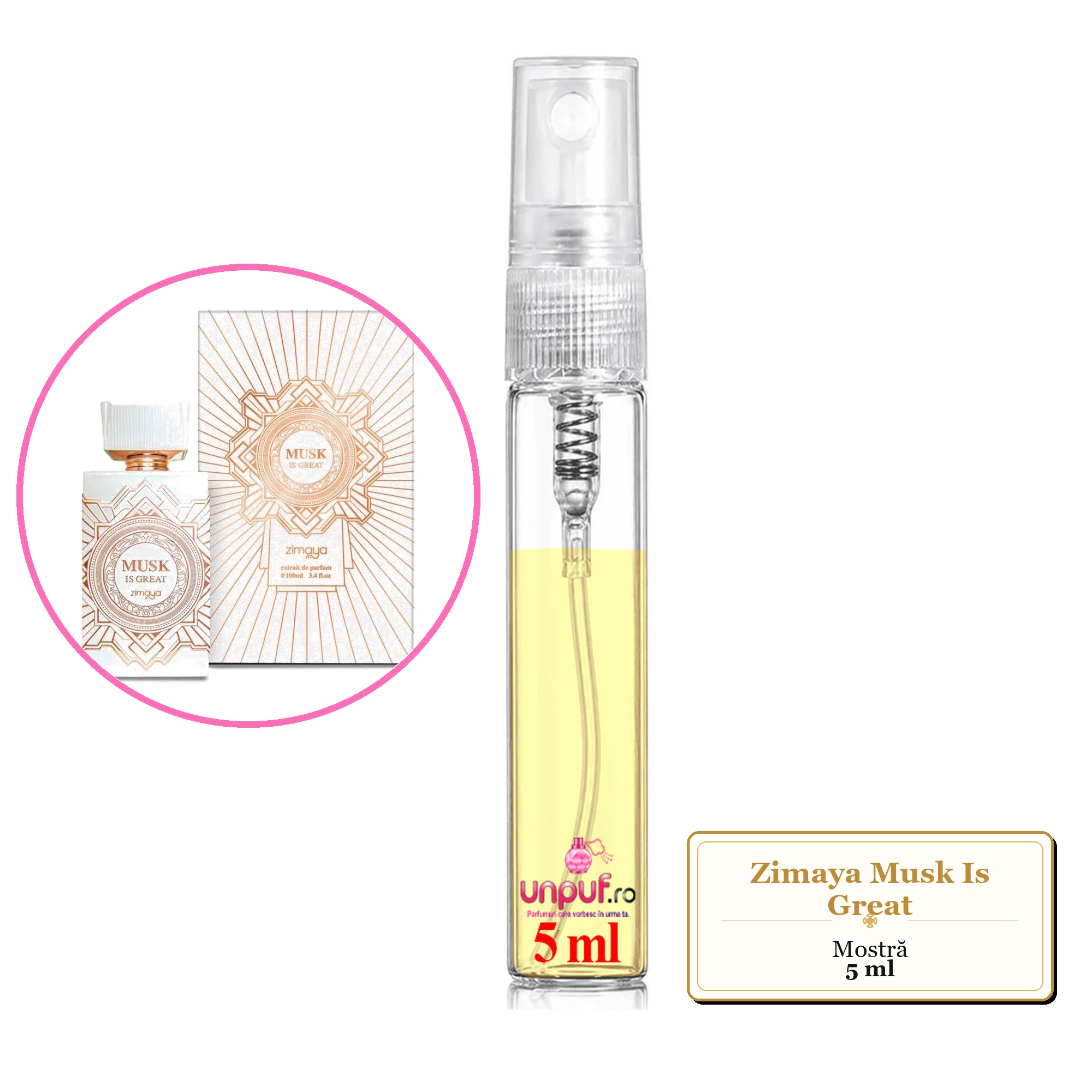 Mostra fiola din Parfumul Zimaya Musk Is Great, decant sticla cu pulverizator 