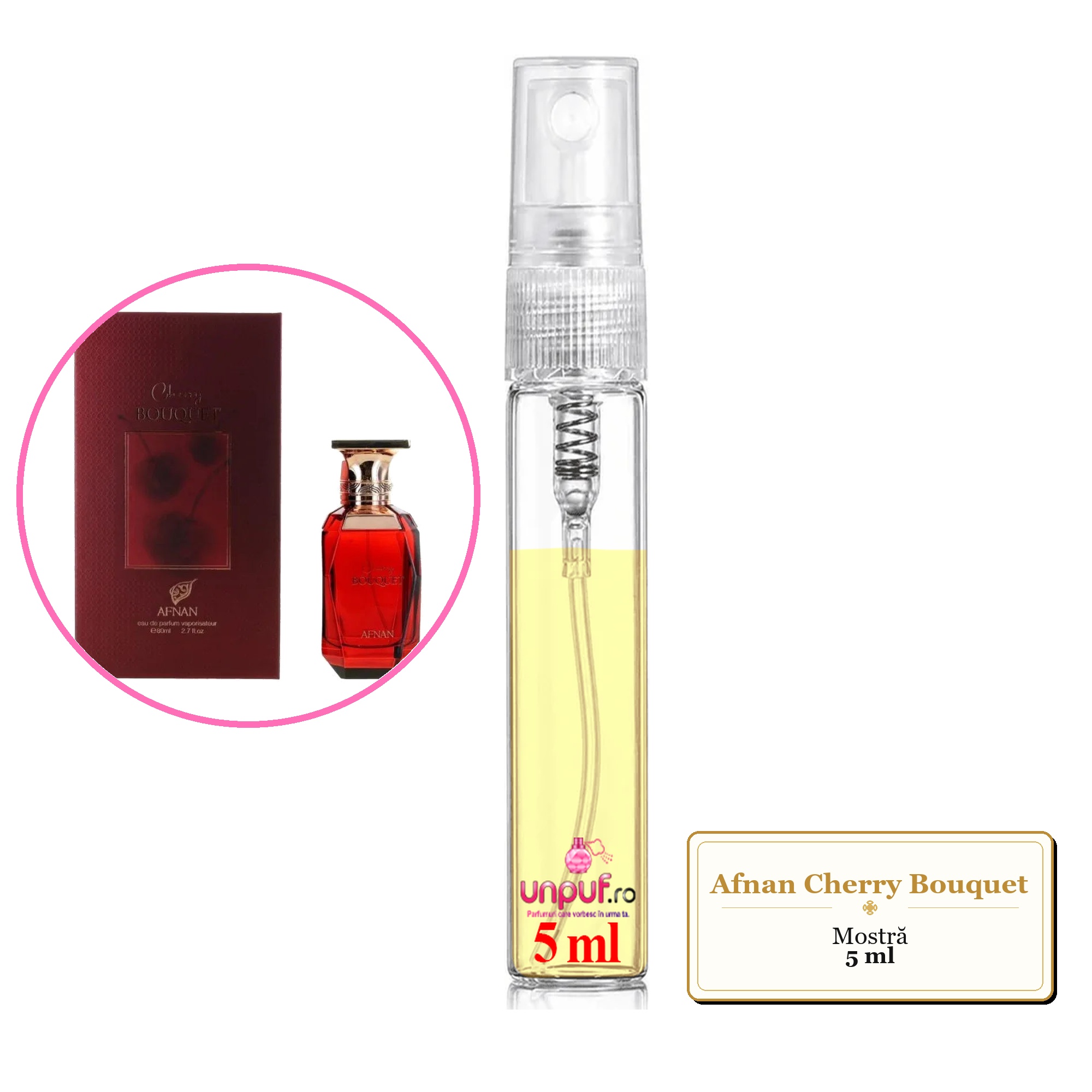 Mostra fiola din Parfumul Afnan Cherry Bouquet, decant sticla cu pulverizator