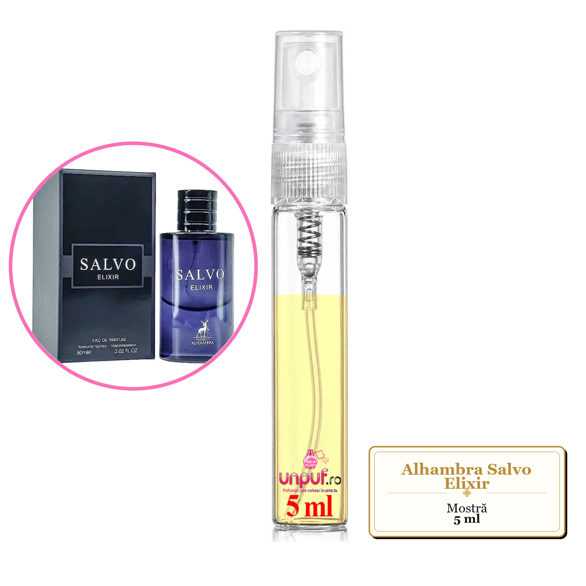 Mostra fiola din Parfumul Alhambra Salvo Elixir, decant sticla cu pulverizator