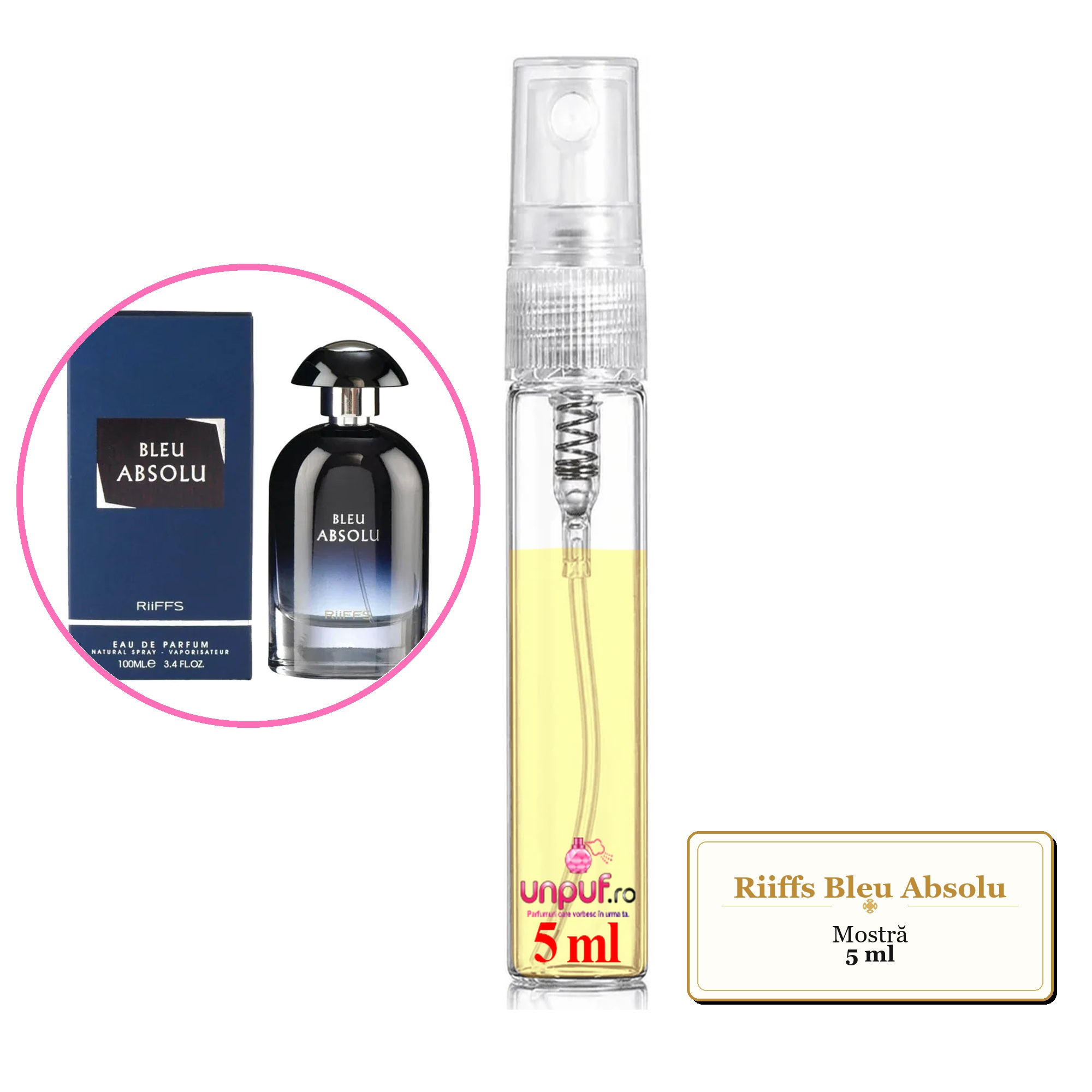 Mostra fiola din Parfumul Riiffs Bleu Absolu, decant sticla cu pulverizator
