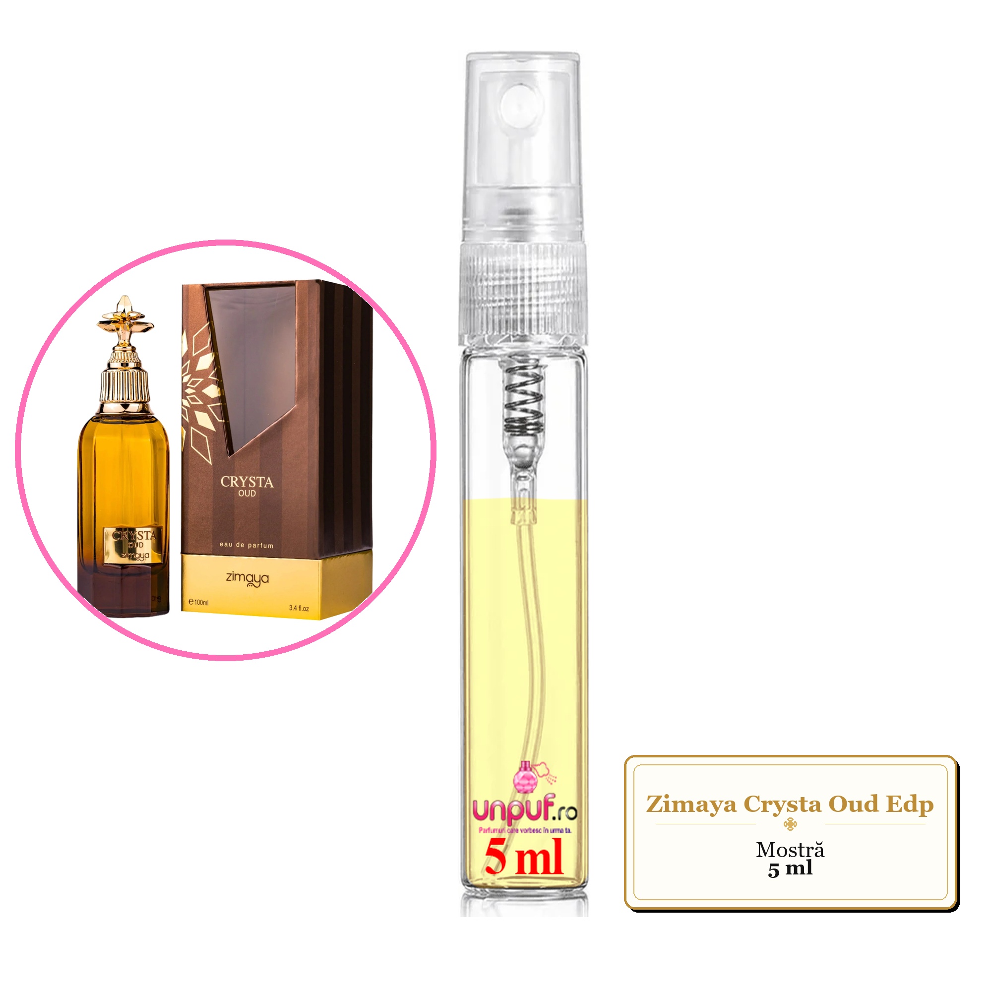 Mostra fiola din Parfumul Zimaya Crysta Oud Edp, decant sticla cu pulverizator 