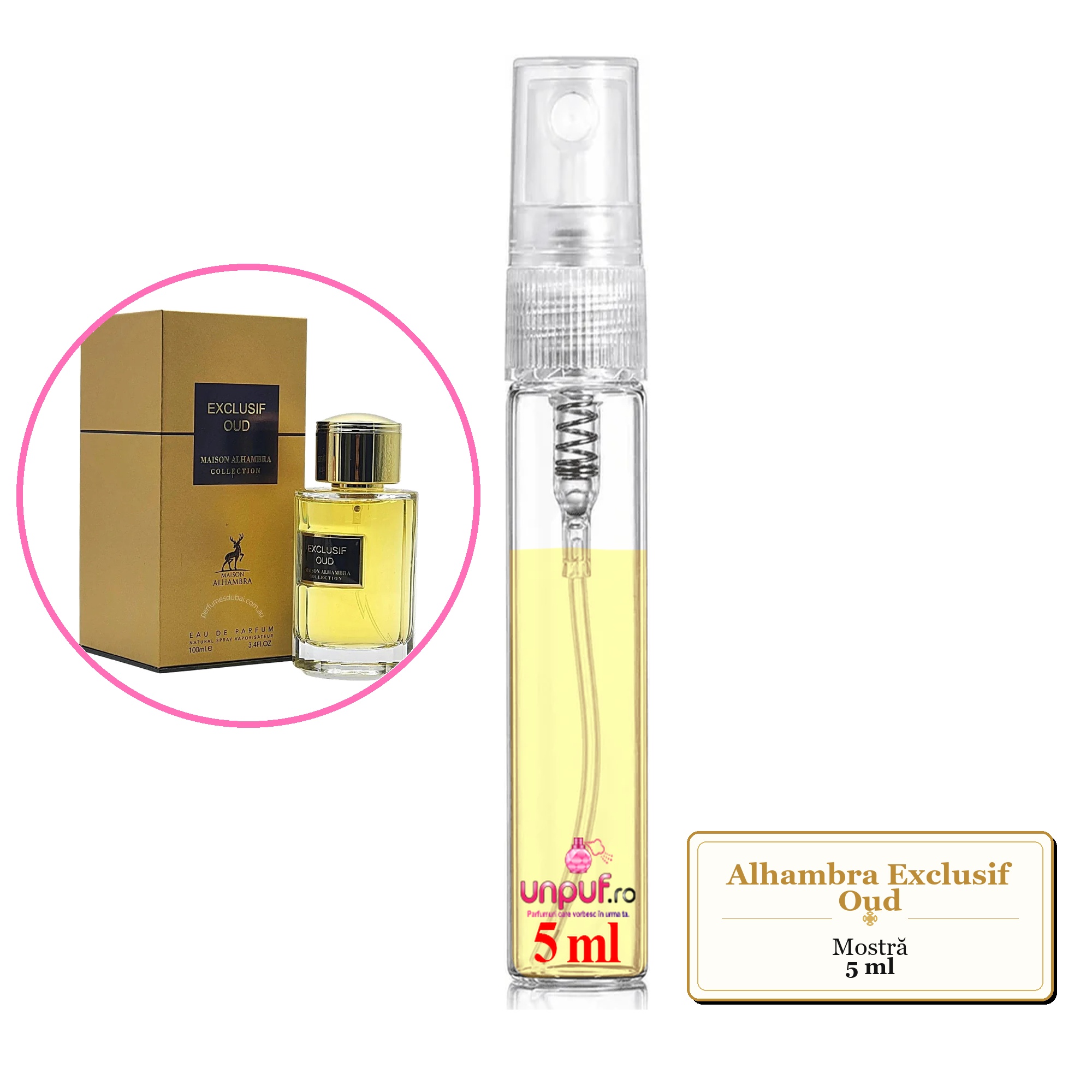 Mostra fiola din Parfumul Alhambra Exclusif Oud, decant sticla cu pulverizator