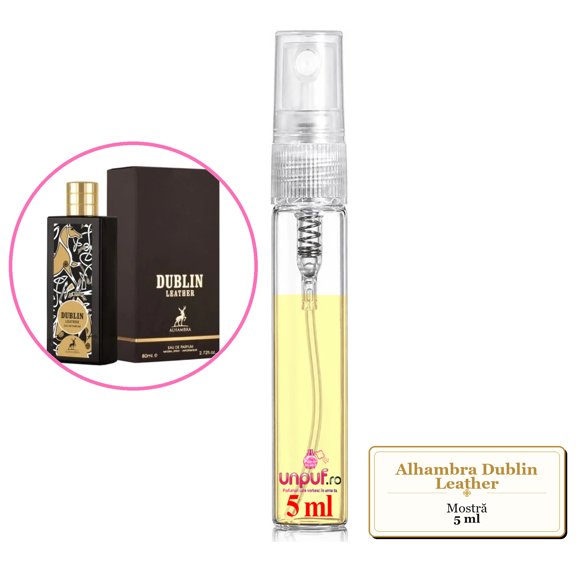 Mostra fiola din Parfumul Alhambra Dublin Leather, decant sticla cu pulverizator 
