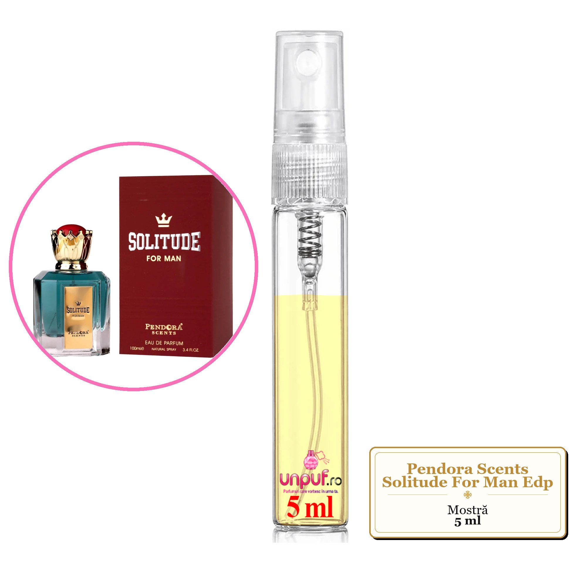 Mostra fiola din Parfumul Pendora Scents Solitude For Man Edp, decant sticla cu pulverizator 