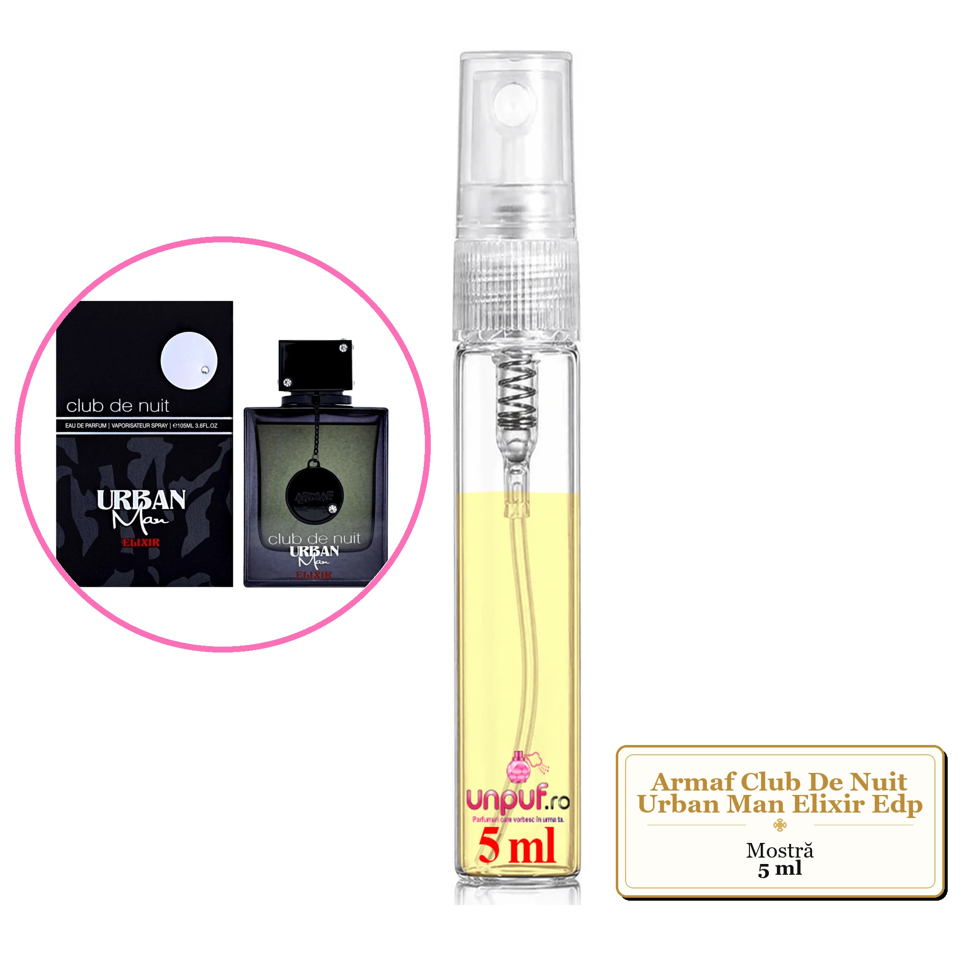 Mostra fiola din Parfumul Armaf Club De Nuit Urban Man Elixir Edp, decant sticla cu pulverizator 