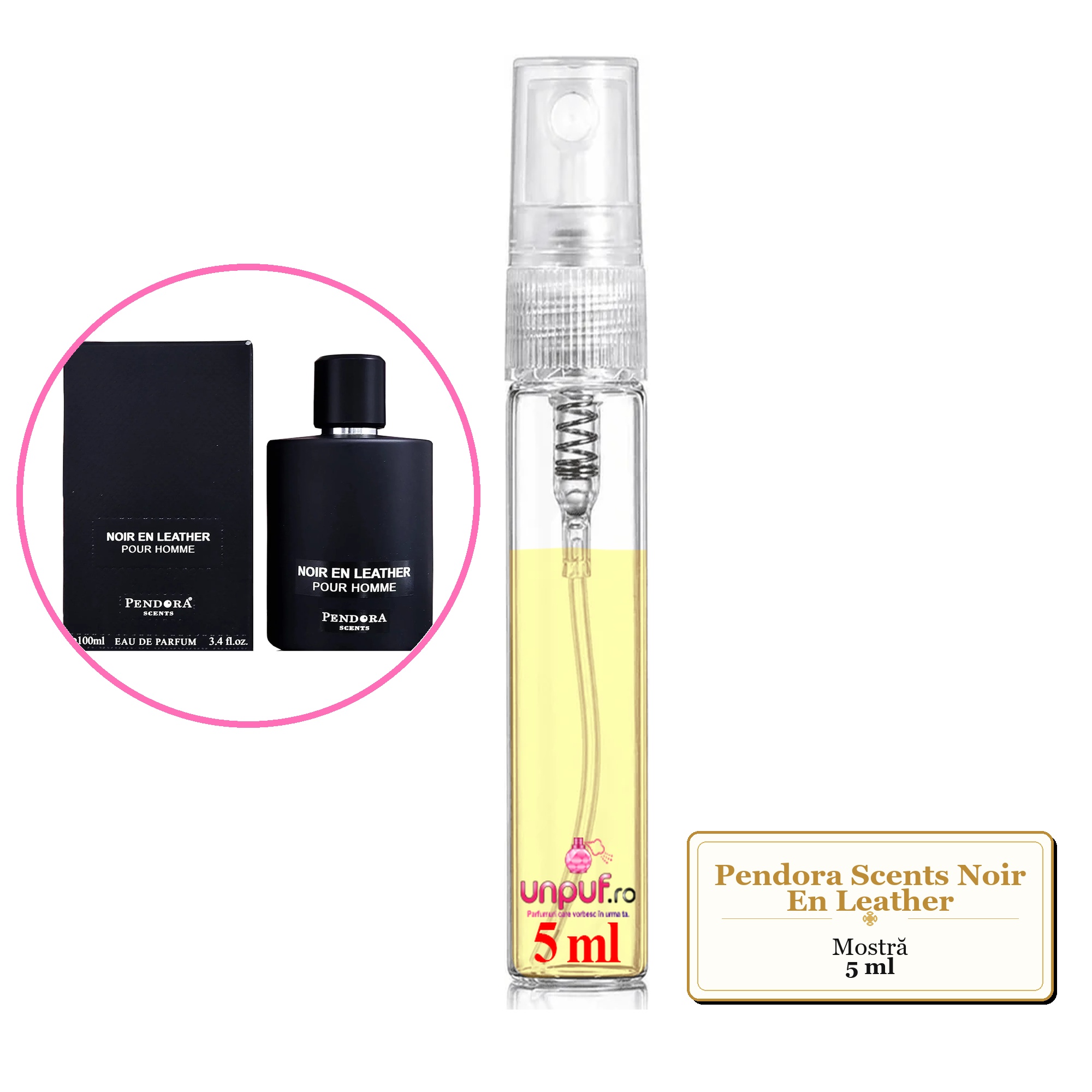 Mostra fiola din Parfumul Pendora Scents Noir En Leather, decant sticla cu pulverizator