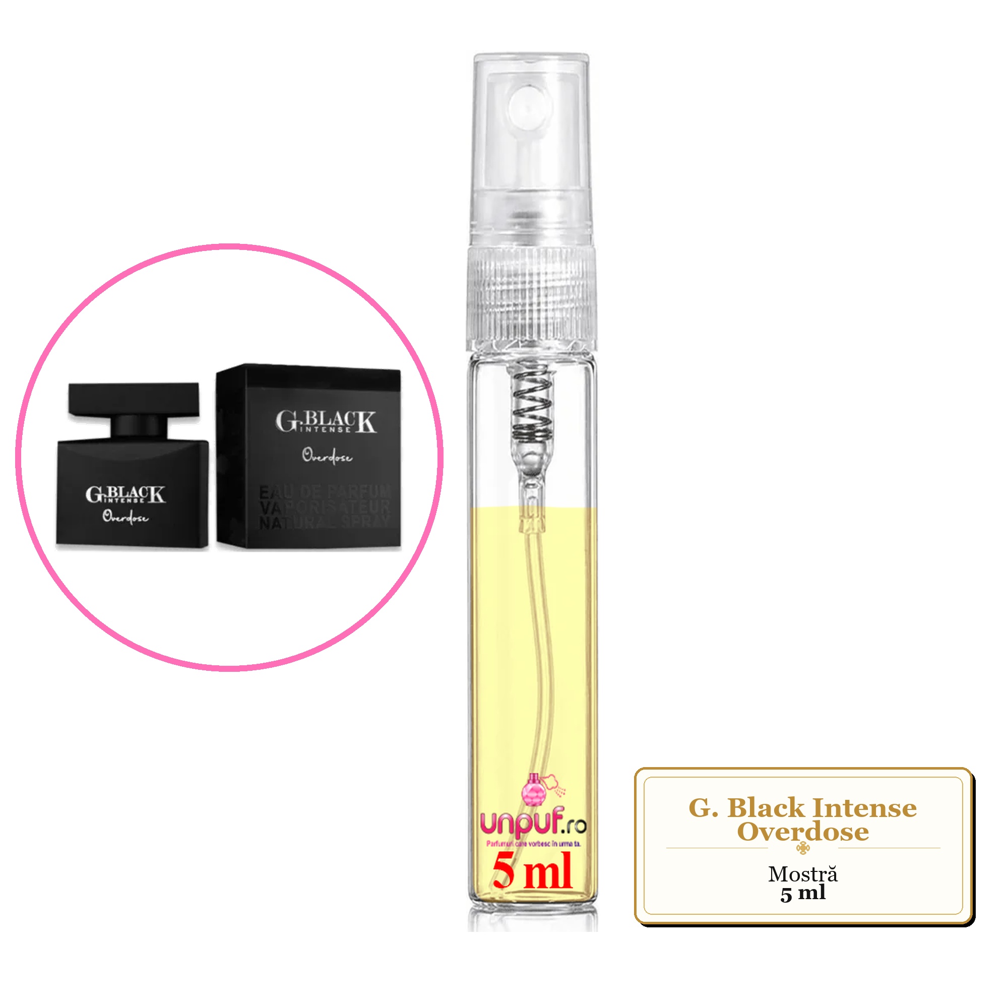 Mostra fiola din Parfumul G. Black Intense Overdose, decant sticla cu pulverizator