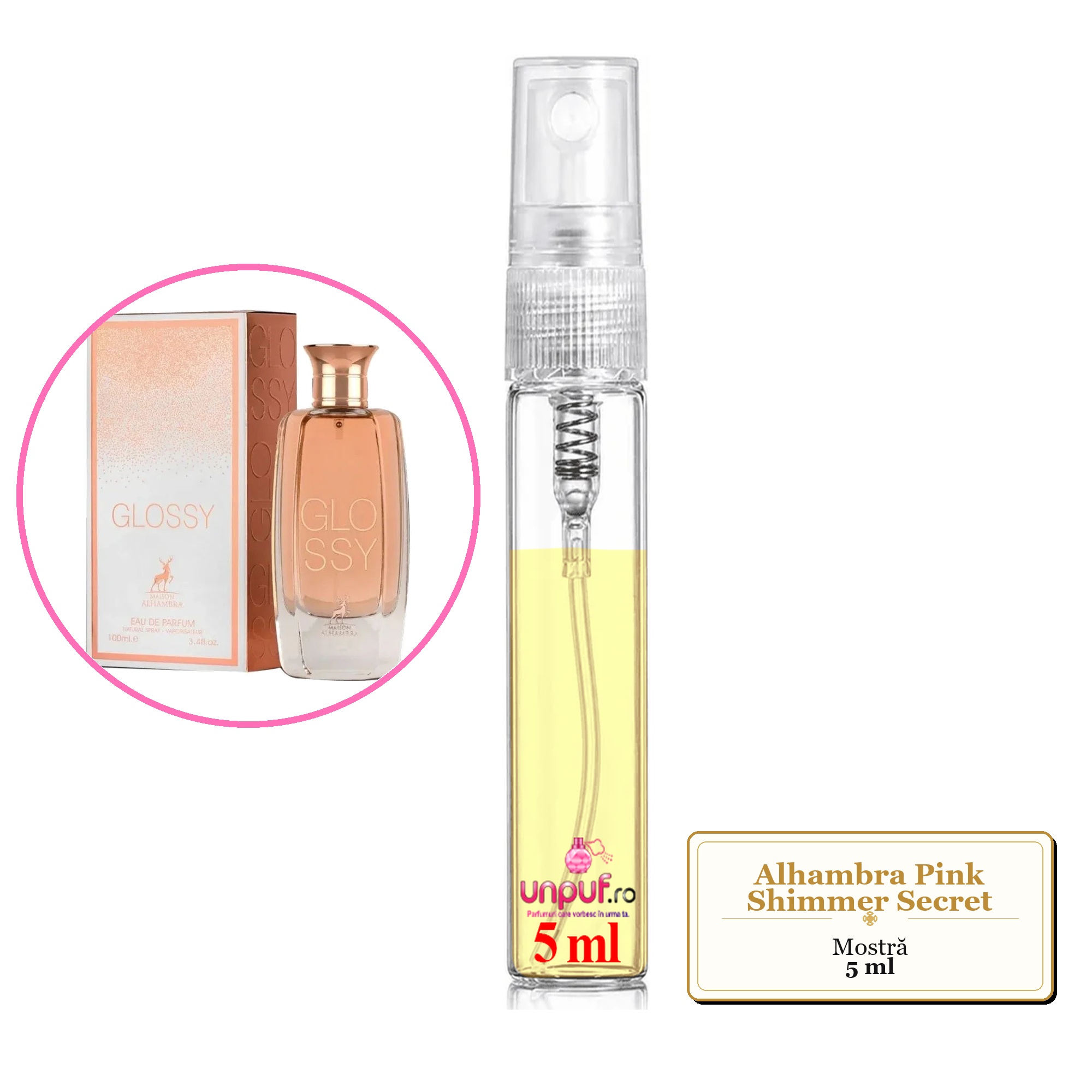 Mostra fiola din Parfumul Alhambra Pink Shimmer Secret, decant sticla cu pulverizator