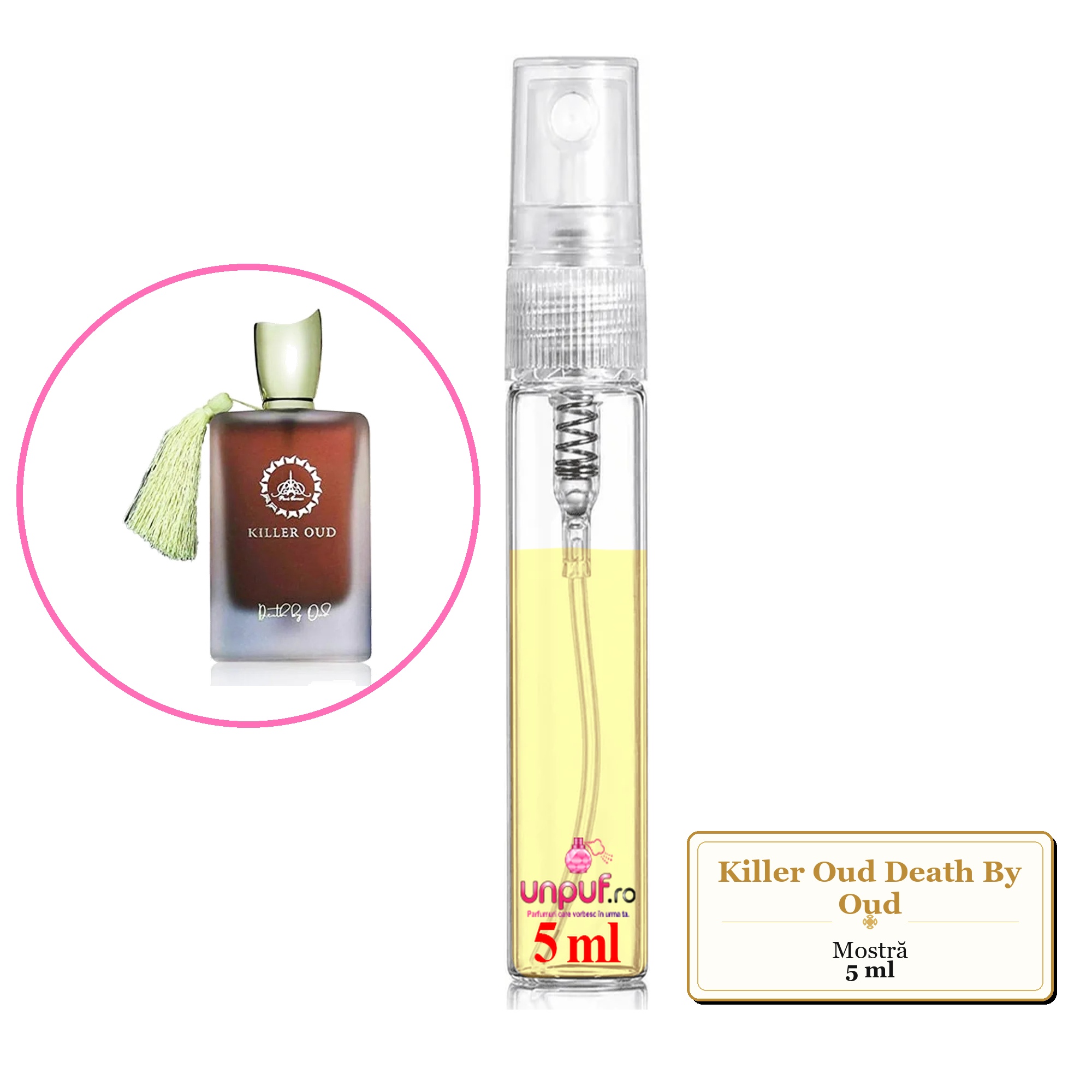 Mostra fiola din Parfumul Killer Oud Death By Oud, decant sticla cu pulverizator