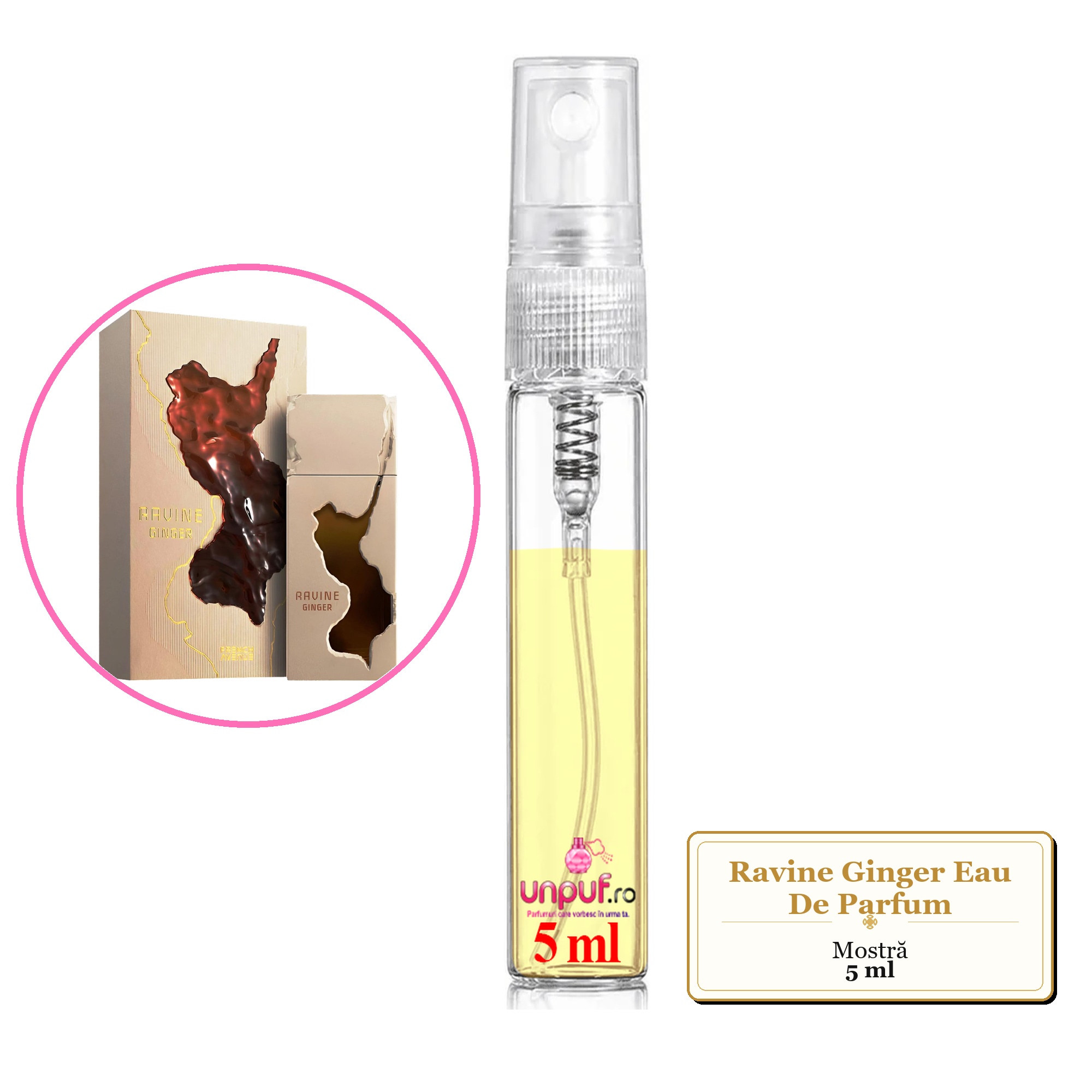 Mostra fiola din Parfumul Ravine Ginger Eau De Parfum, decant sticla cu pulverizator 