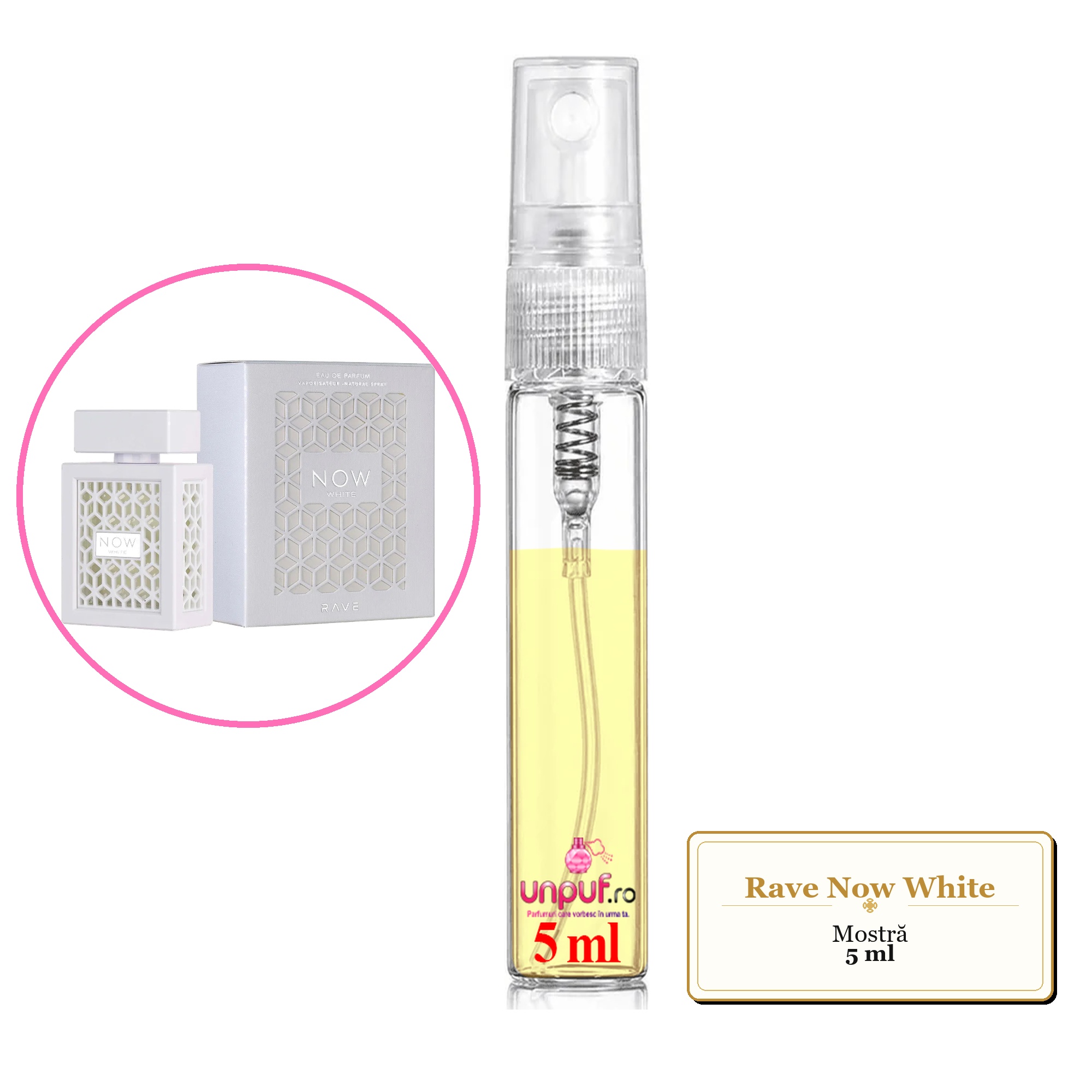 Mostra fiola din Parfumul Rave Now White, decant sticla cu pulverizator