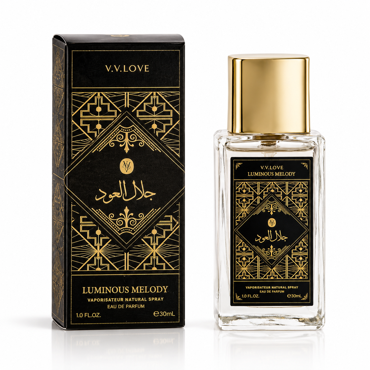 Parfum barbati VV Love Luminous Melody Eau de Parfum EDP 30 ml flacon transparent cu capac auriu si ambalaj negru