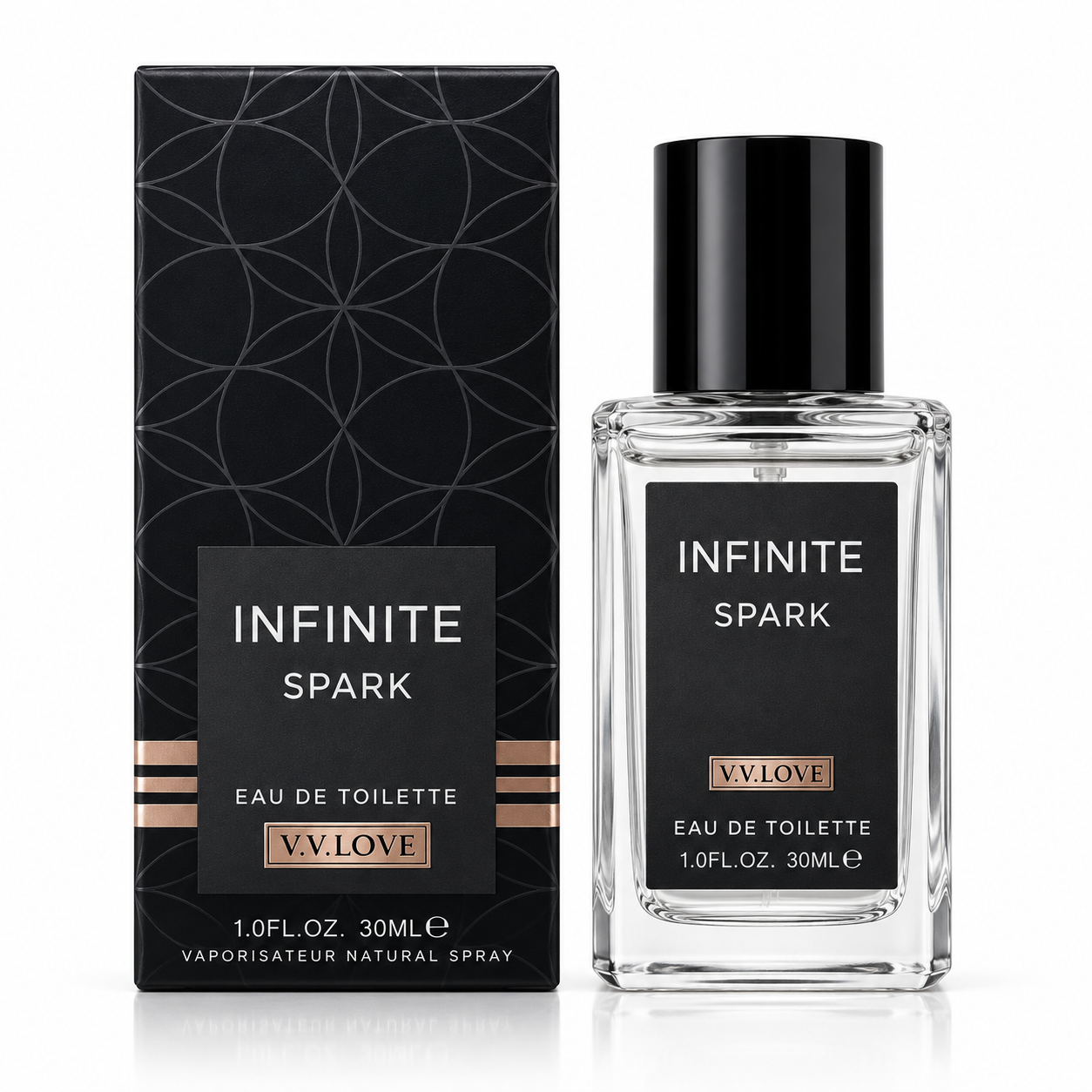 Parfum barbati VV Love Infinite Spark Eau de Toilette EDT 30 ml flacon transparent cu ambalaj negru si detalii aurii