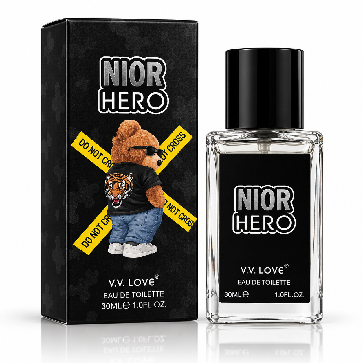 Parfum barbati VV Love Noir Hero Eau de Toilette EDT 30 ml flacon transparent si ambalaj negru galben cu design urban