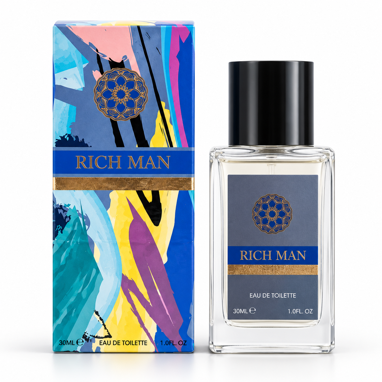 Parfum barbati VV Love Rich Man Eau de Toilette EDT 30 ml flacon transparent si ambalaj multicolor cu detalii aurii