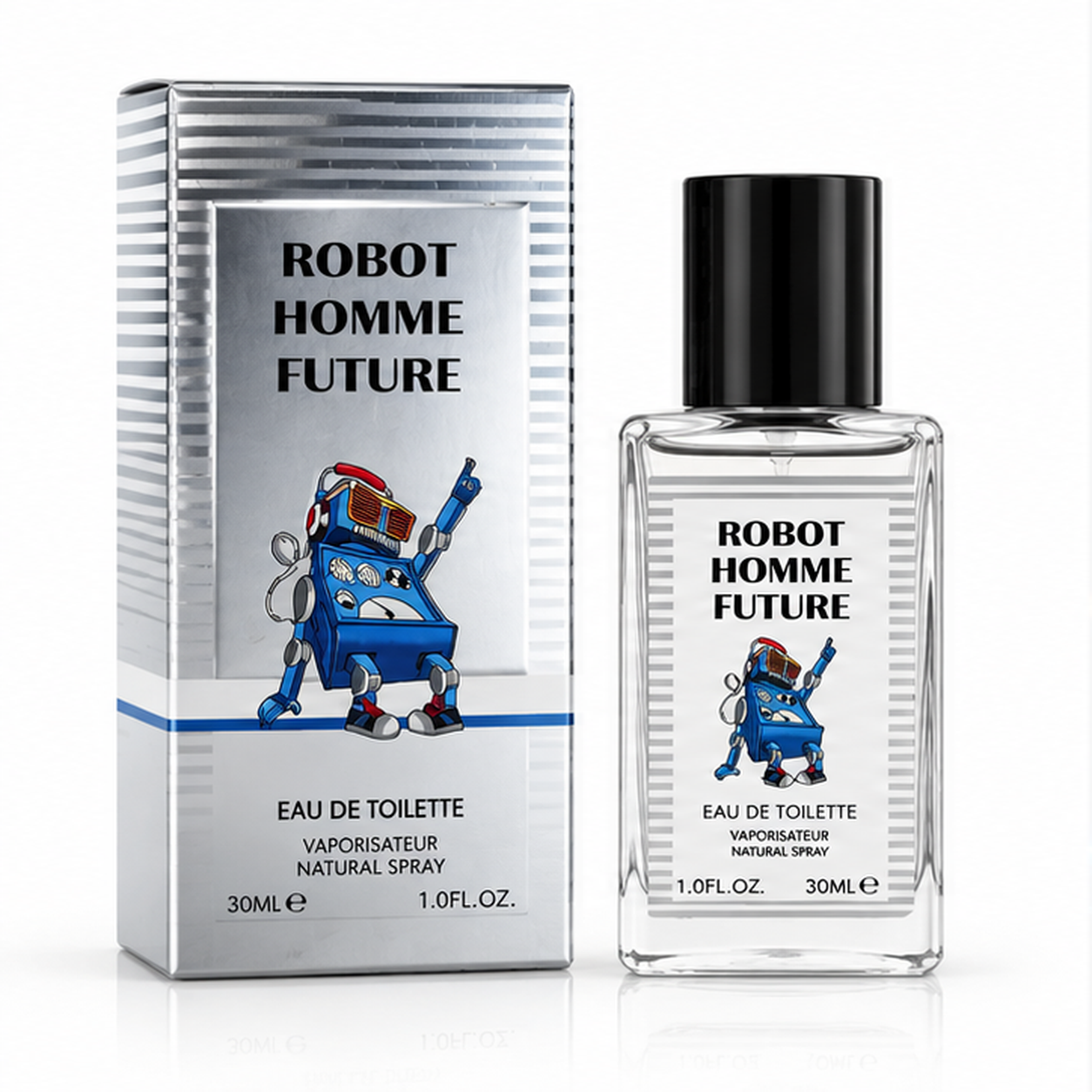 Parfum barbati VV Love Robot Homme Future Eau de Toilette EDT 30 ml flacon transparent si cutie argintie cu robot albastru