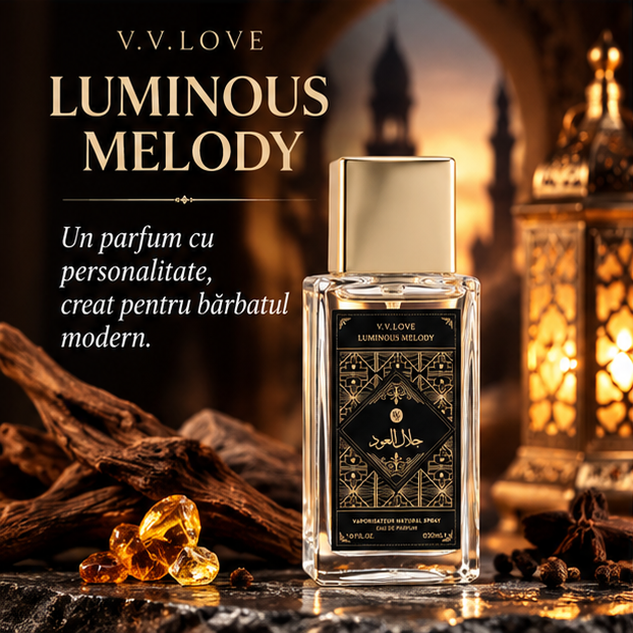 VV Love Luminous Melody parfum masculin oriental 30 ml cu design elegant negru auriu