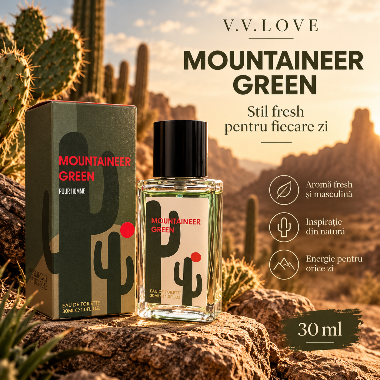 VV Love Mountaineer Green EDT 30 ml parfum masculin fresh inspirat de natura si stil de viata activ