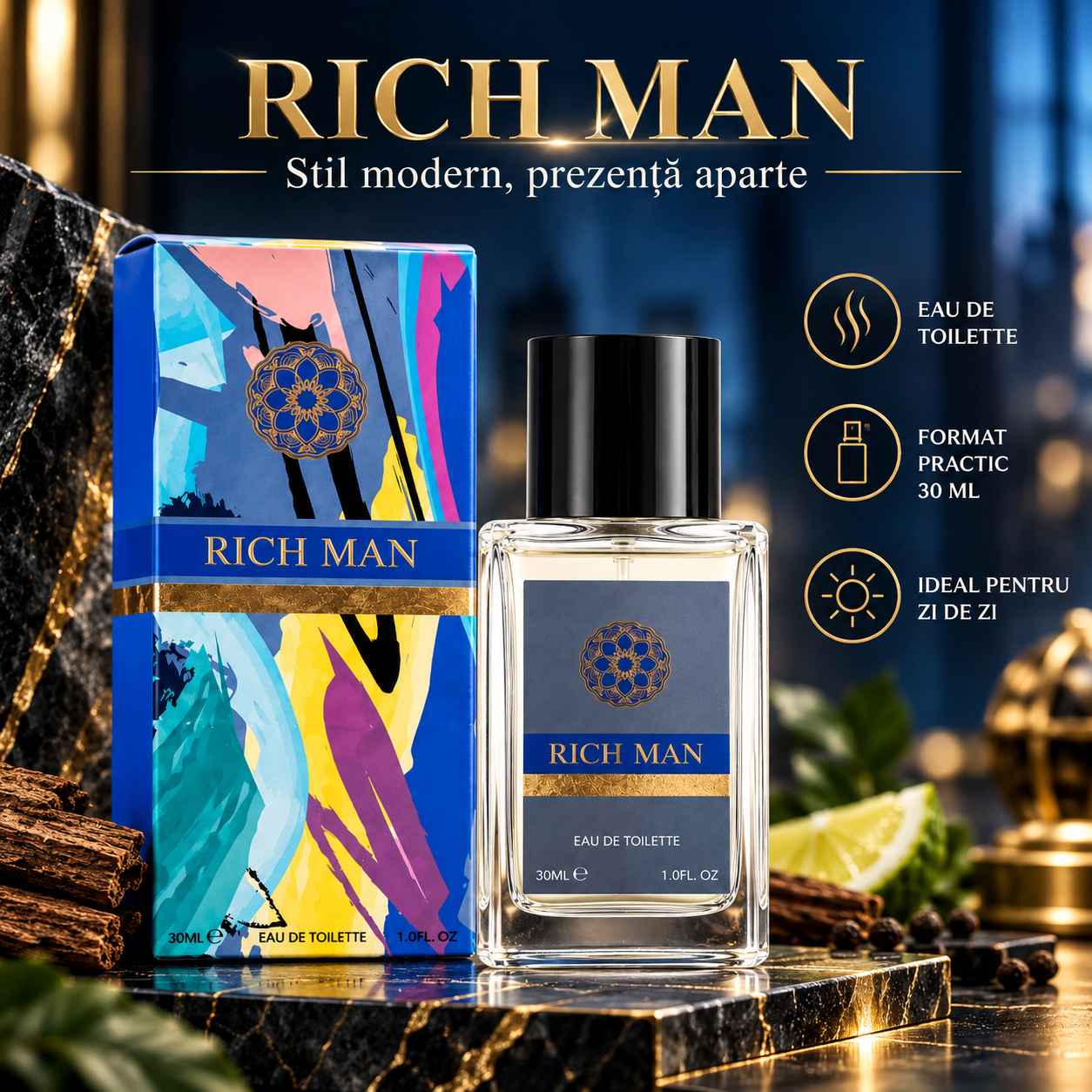 VV Love Rich Man Eau de Toilette 30 ml stil modern prezenta aparte format practic pentru utilizare zilnica