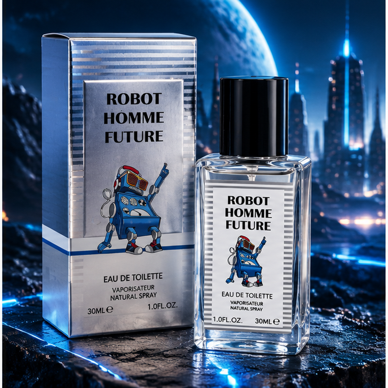 VV Love Robot Homme Future EDT 30 ml parfum masculin cu design futurist pe fundal albastru science fiction