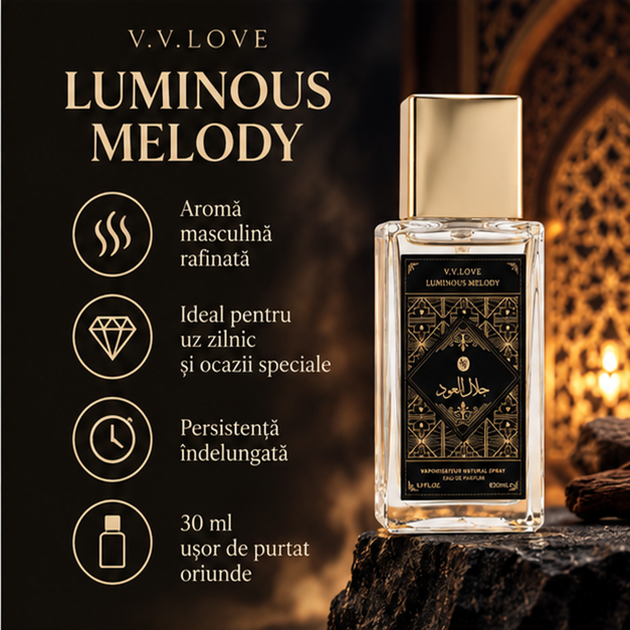 VV Love Luminous Melody Eau de Parfum 30 ml aroma masculina rafinata persistenta indelungata si format compact