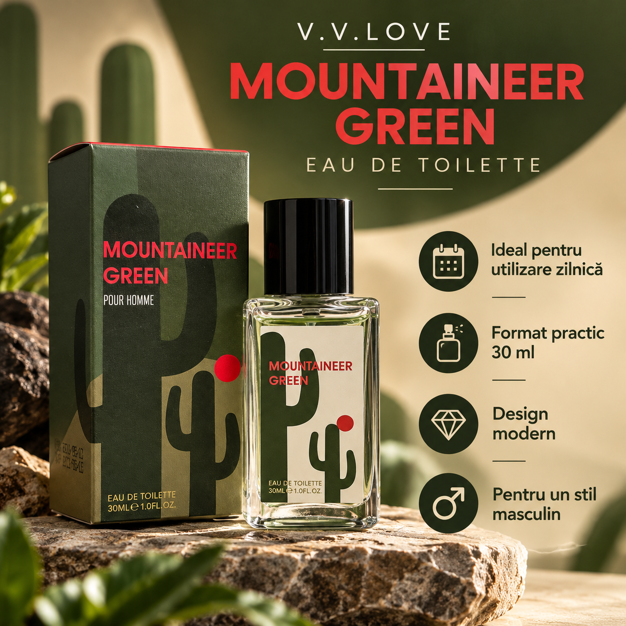 VV Love Mountaineer Green Eau de Toilette 30 ml parfum barbati fresh pentru birou oras si calatorii