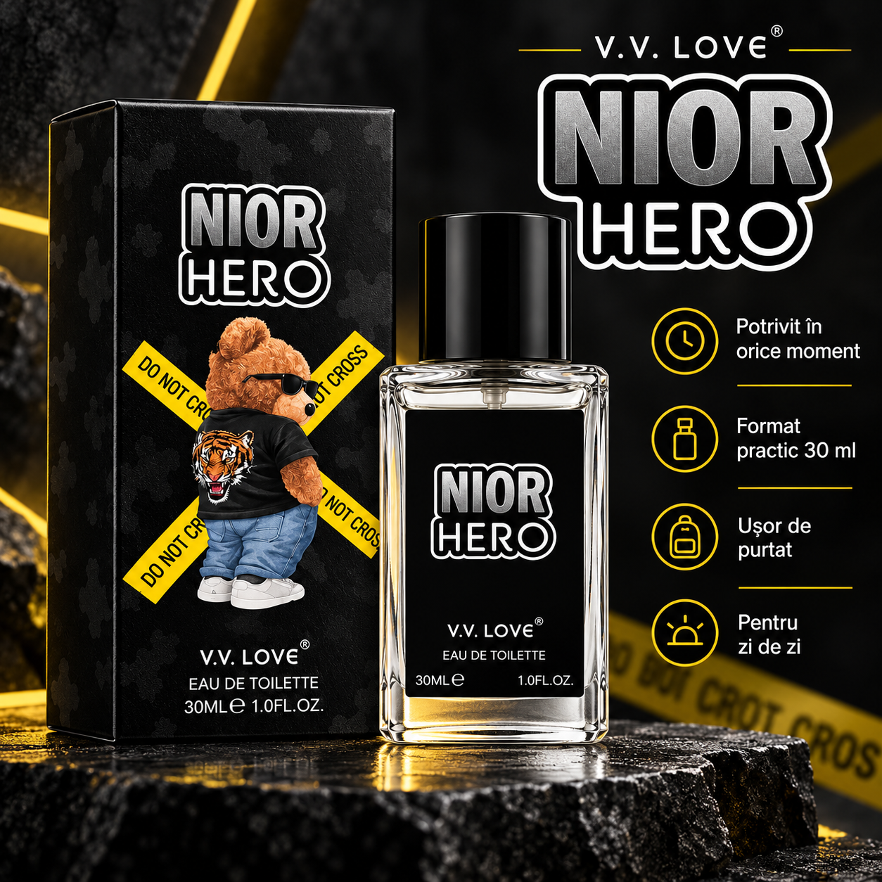 VV Love Noir Hero Eau de Toilette 30 ml parfum masculin format practic usor de purtat potrivit pentru orice moment