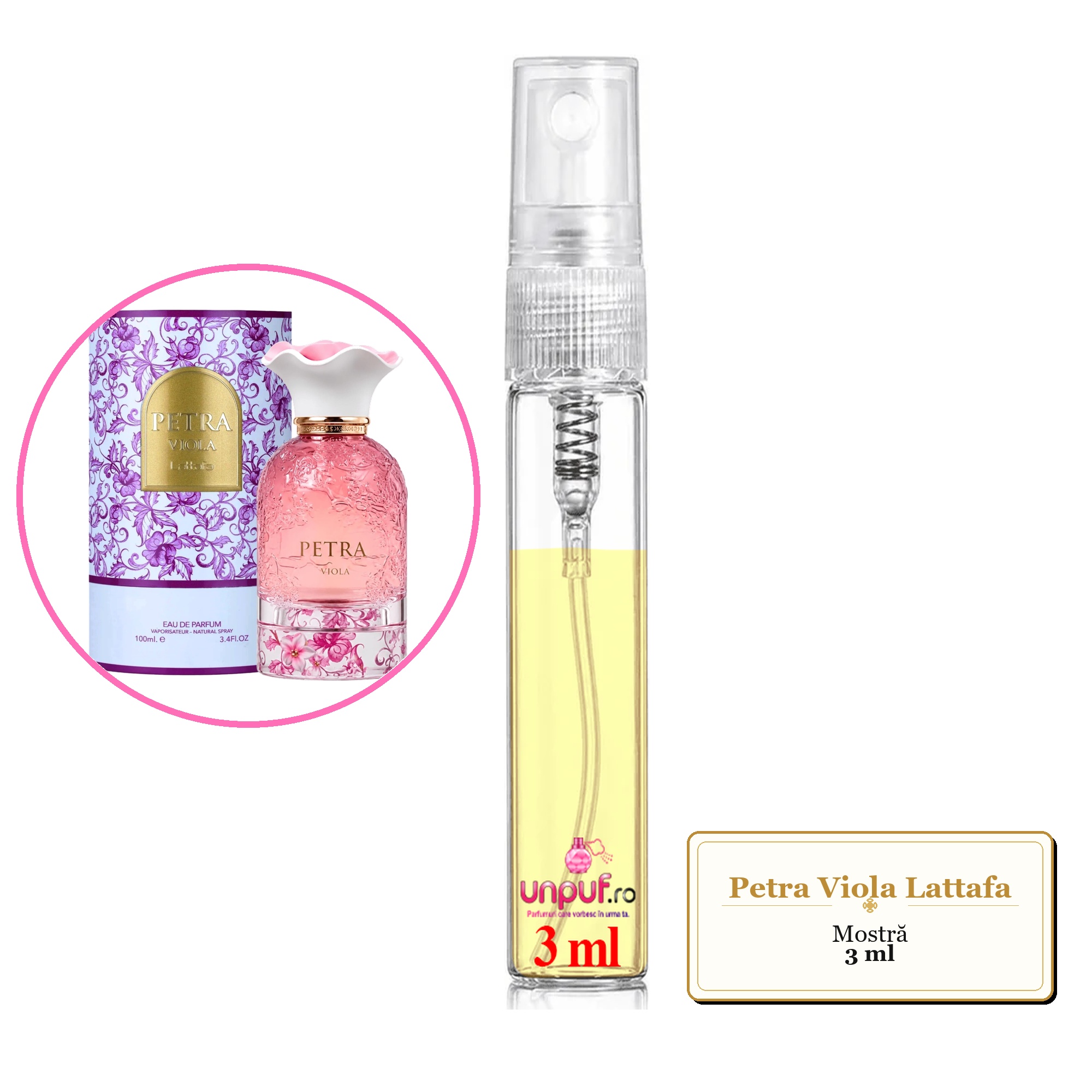 Mostra fiola din Parfumul Petra Viola Lattafa, decant sticla cu pulverizator