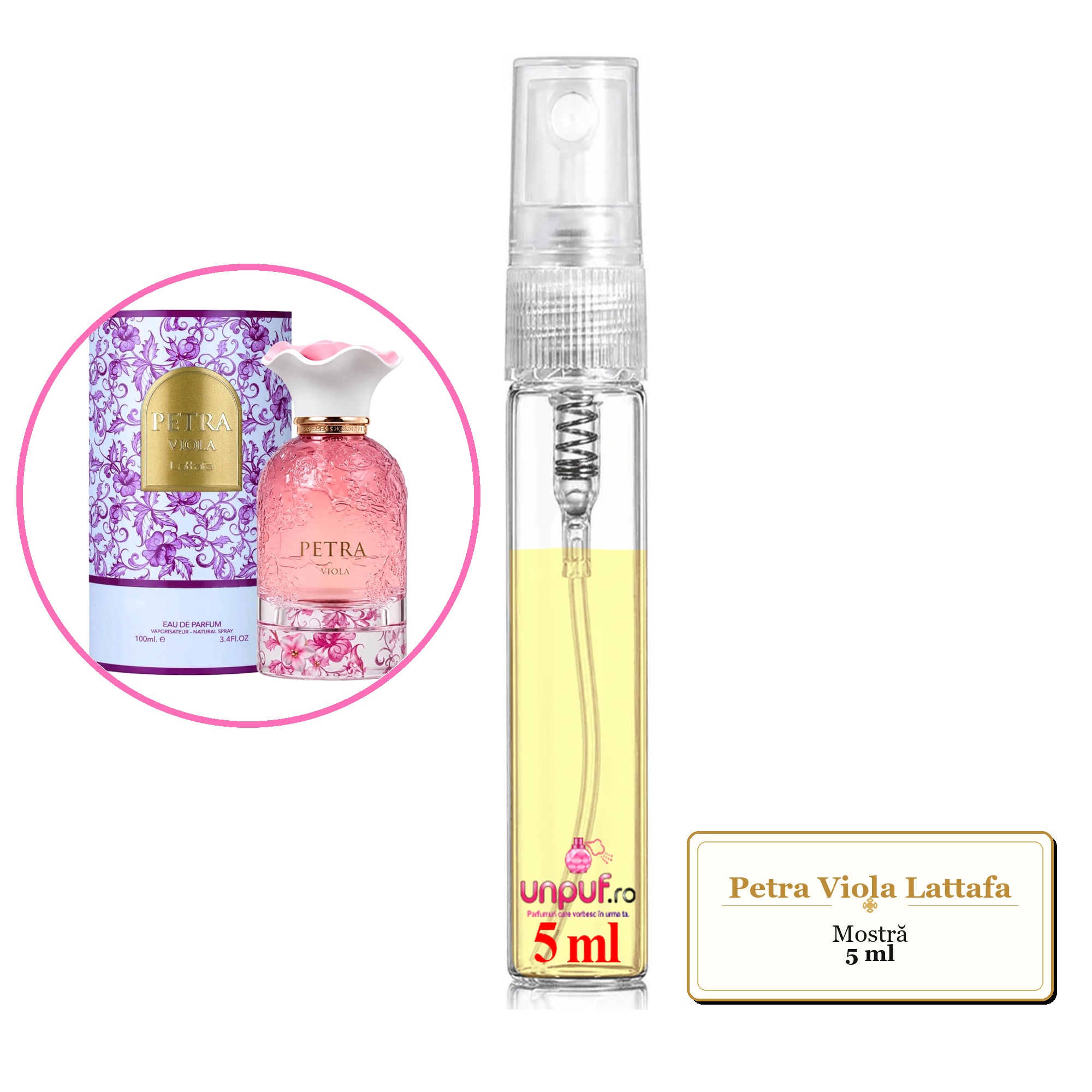 Mostra fiola din Parfumul Petra Viola Lattafa, decant sticla cu pulverizator