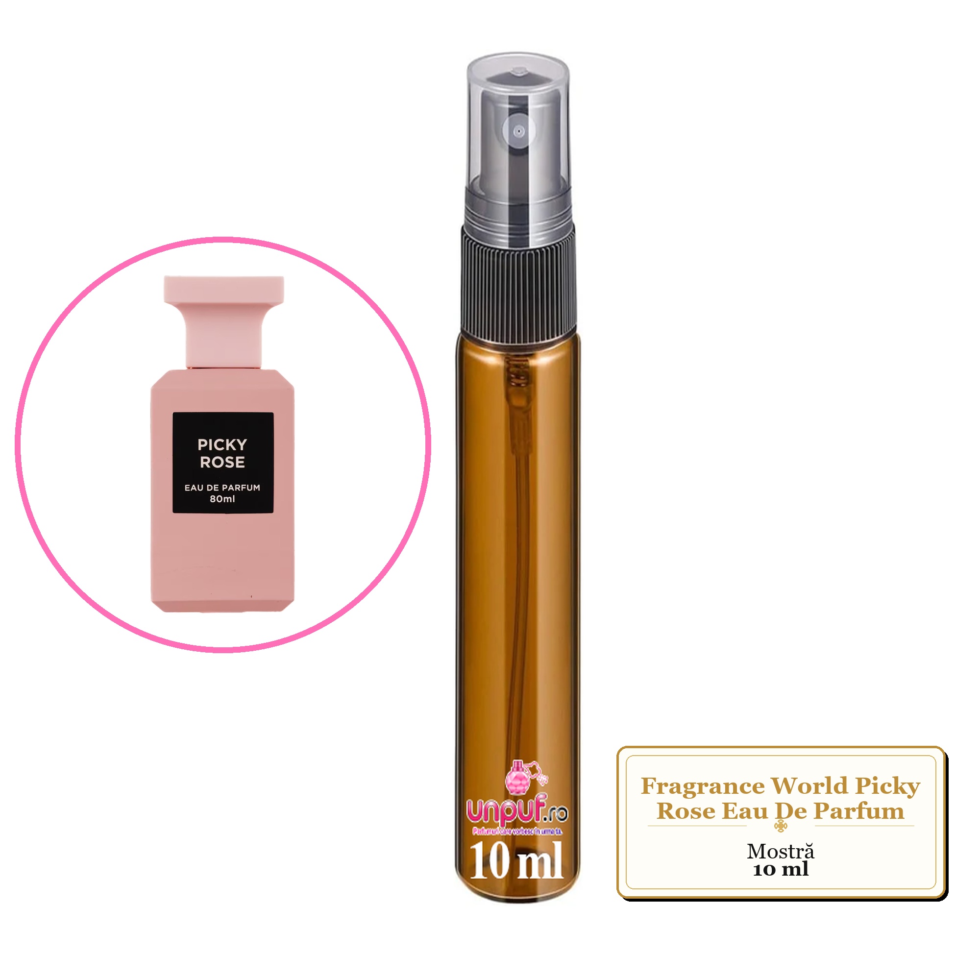 Mostra fiola din Parfumul Fragrance World Picky Rose Eau De Parfum, decant sticla cu pulverizator